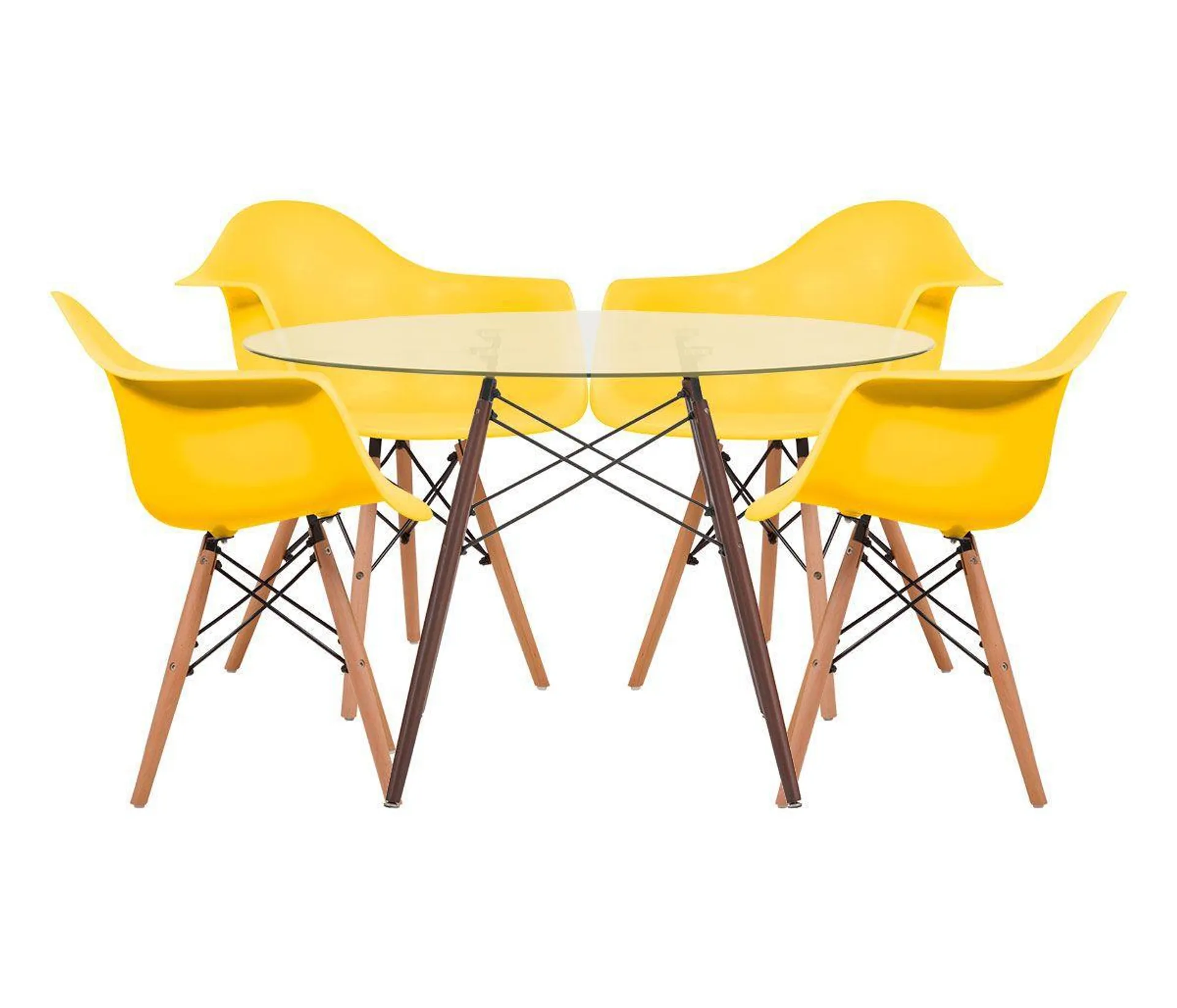 Mesa de comedor Eames 120 vidrio - Transparente + 4 Sillas réplica Eames Armchair - Amarillo