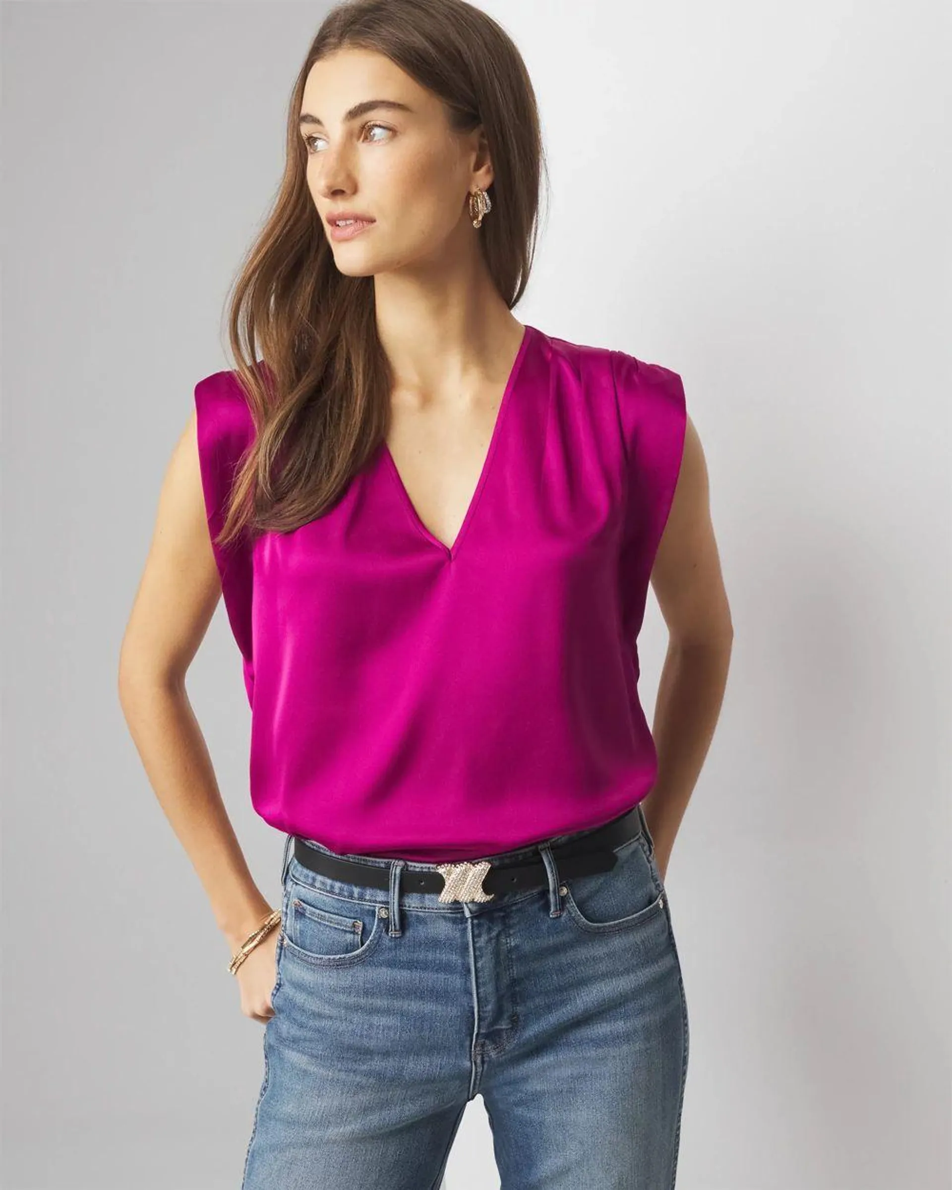 V-neck Ruched Shoulder Shell Top