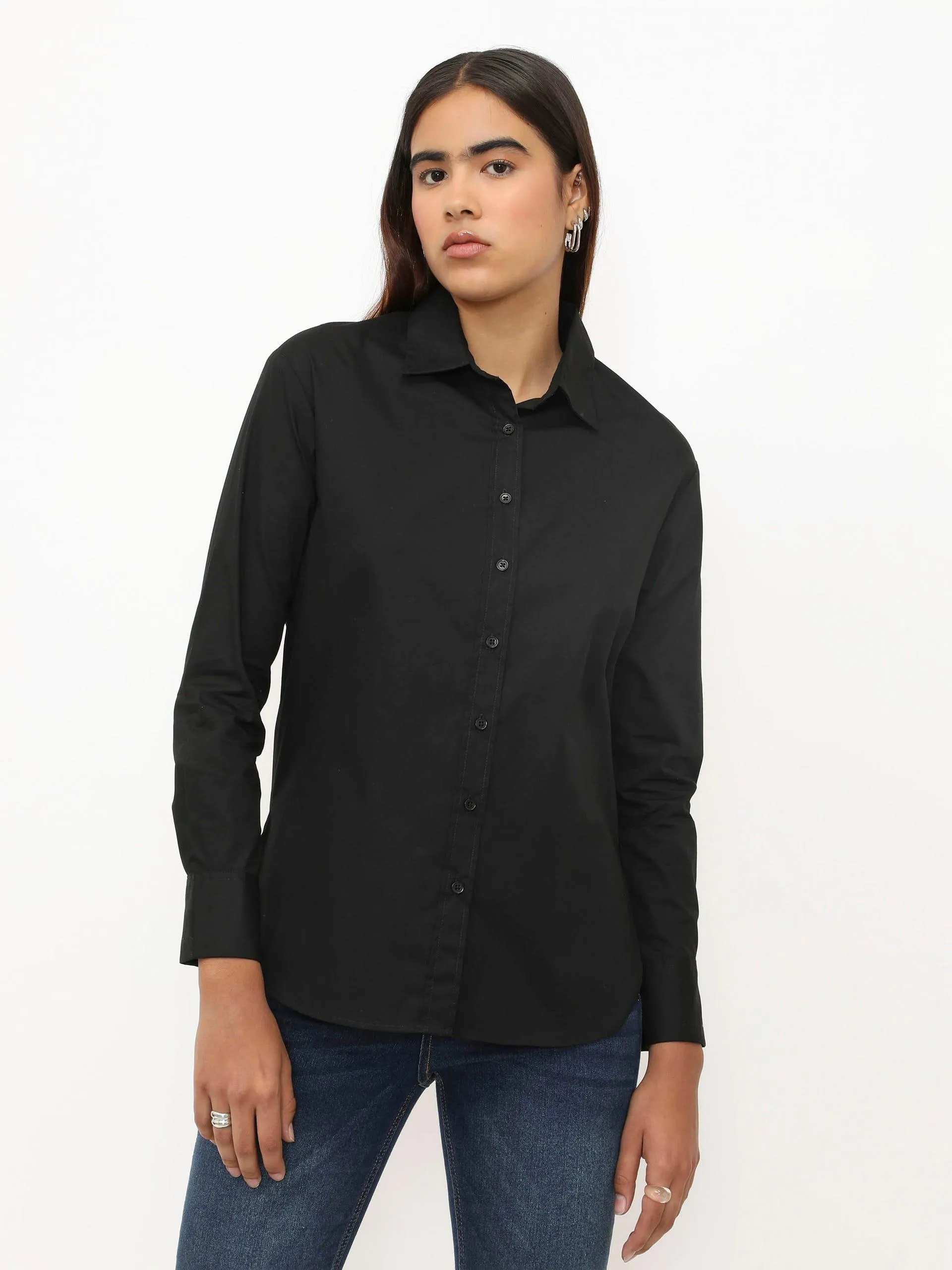 Camisa Manga Larga High Low Negra