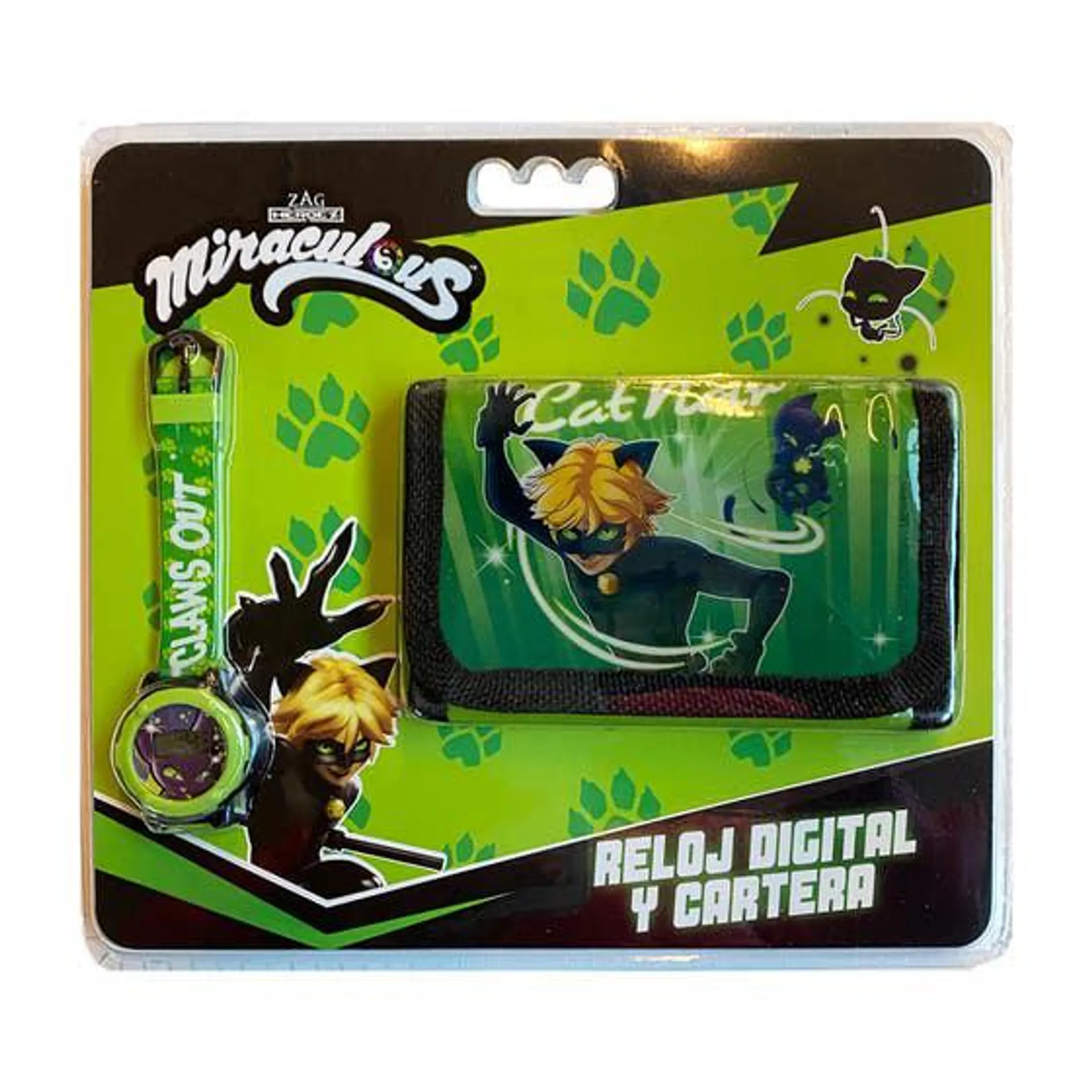 Switch Set De Reloj Digital Y Cartera Cat Noir Verde Y Negro SETCAT01