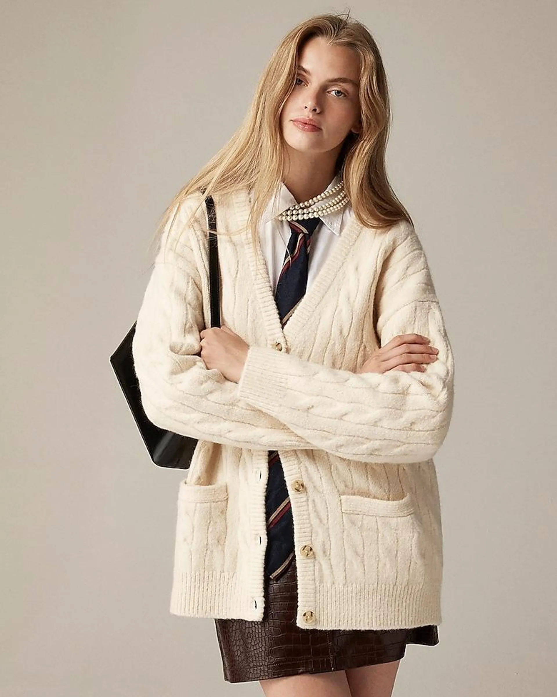 Relaxed cable-knit cardigan sweater