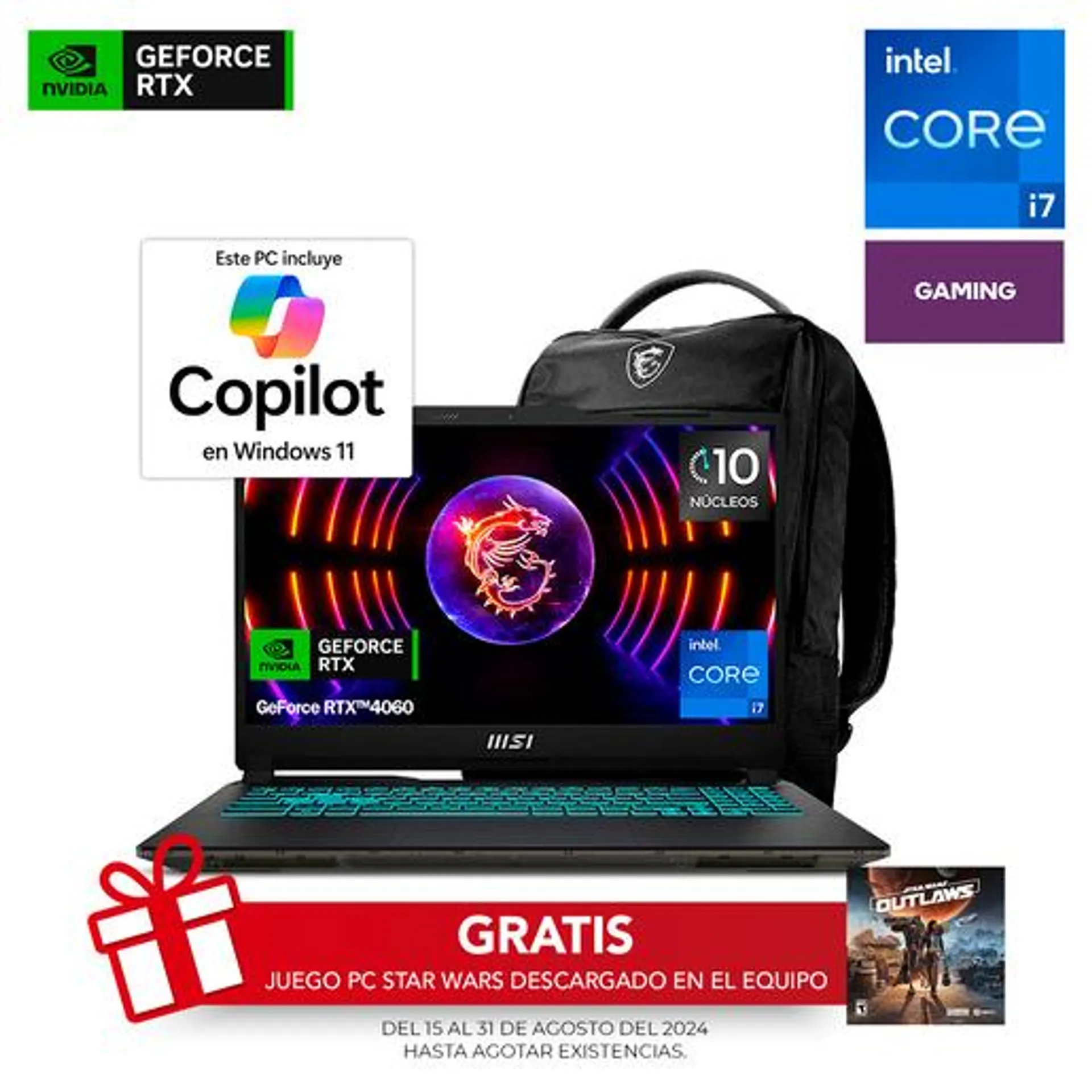 Laptop Gamer MSI Cyborg 15 A13VF 1088MX Intel Core i7 15.6 pulg. 512gb SSD 16gb RAM más Mochila Negro