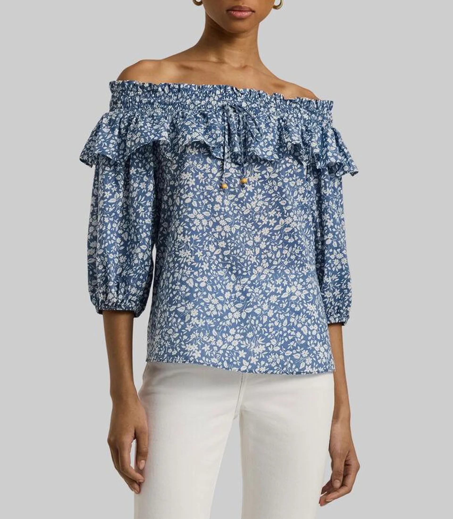 Blusa de gasa floral con hombros descubiertos Mujer