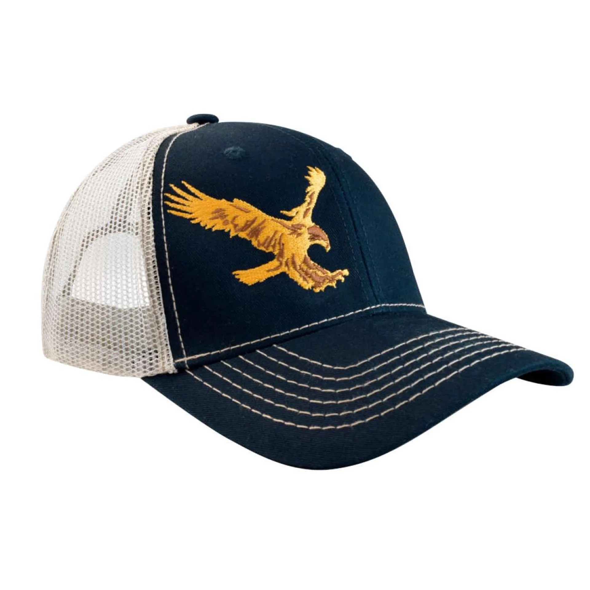 Gorra con malla y ajustador snapback de plástico, Aguila, azul marino con malla beige