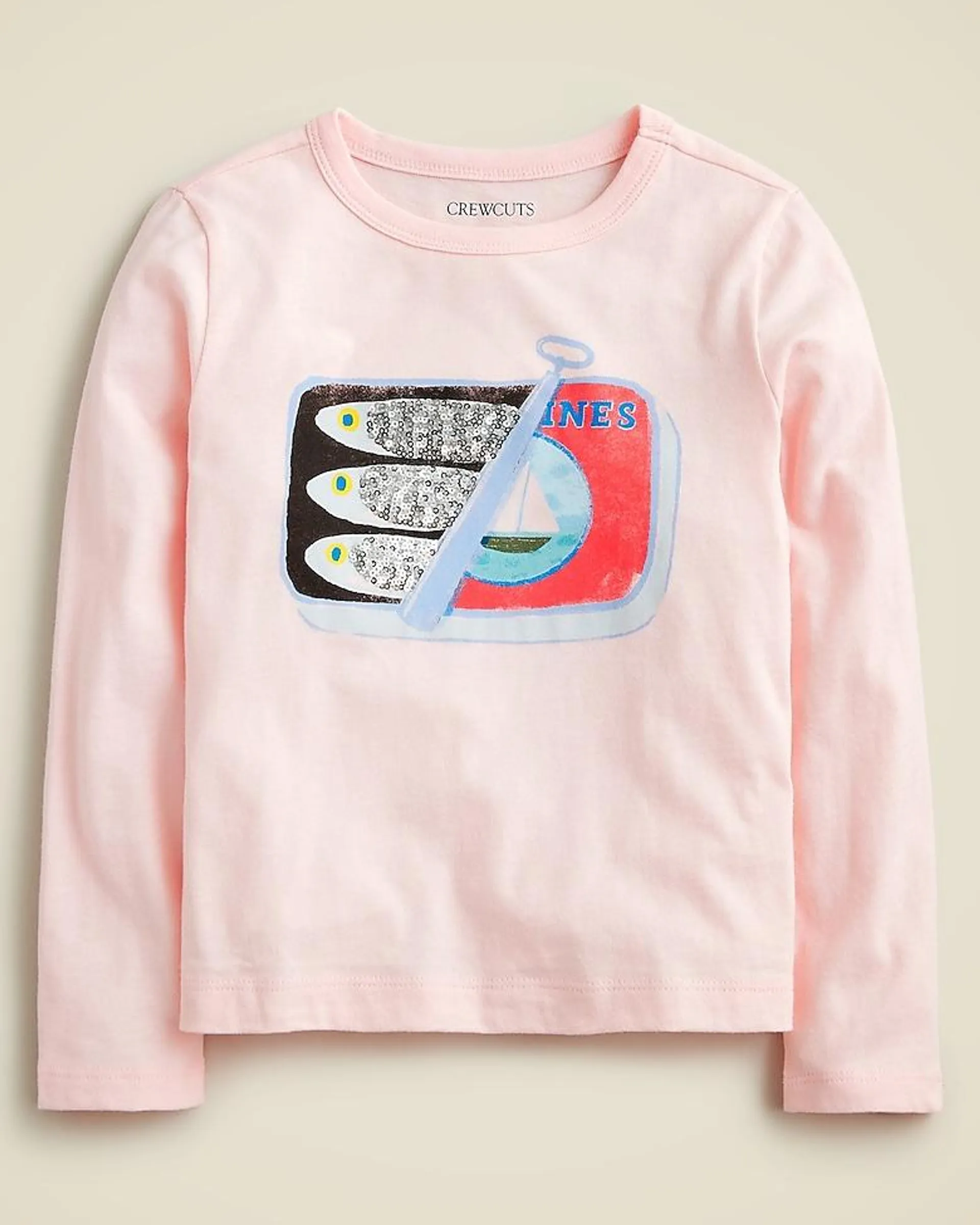 Girls' long-sleeve sardine graphic T-shirt with sequins