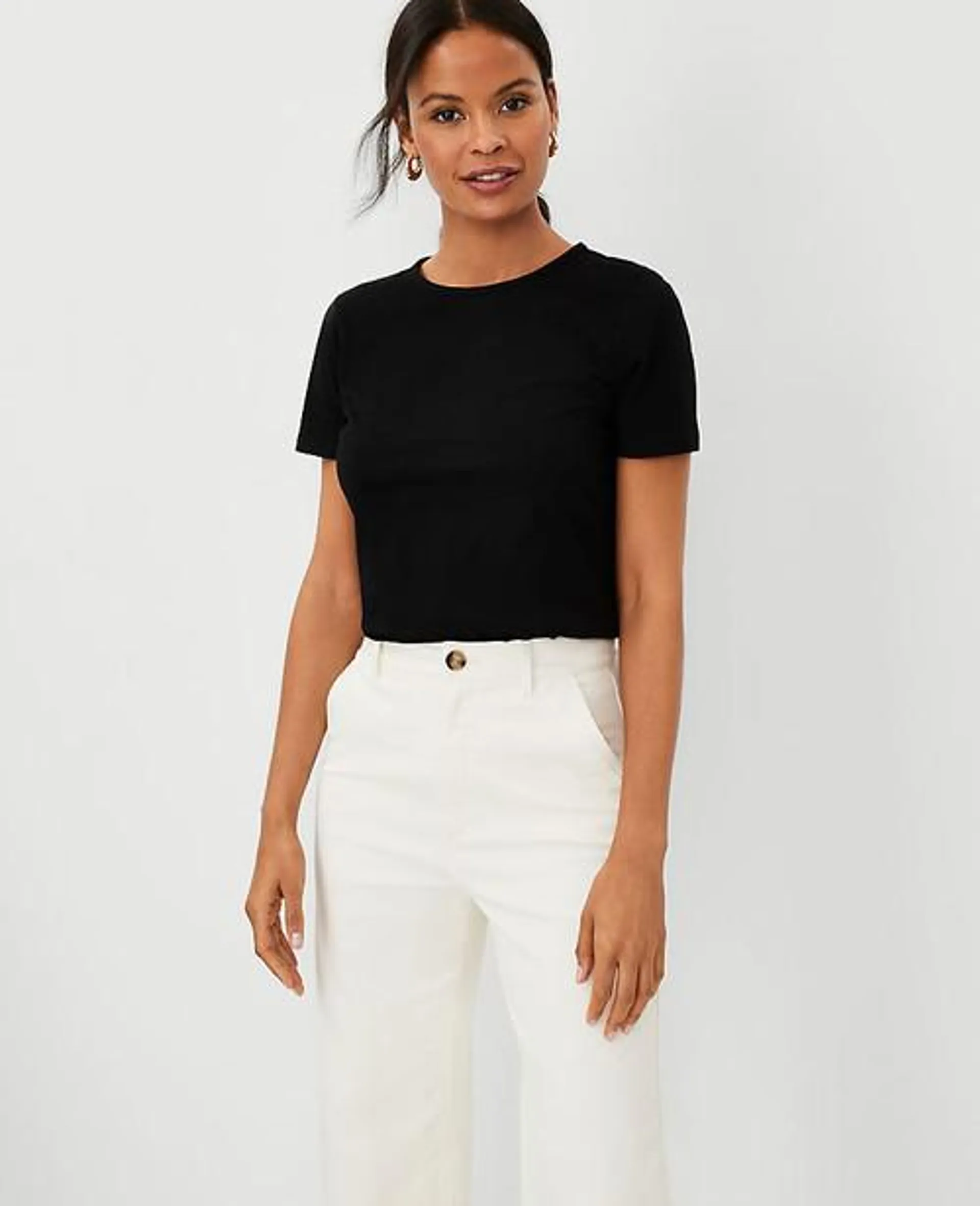 Camisas Ann Taylor Pima Algodon Crew Neck Negros | 627915-CZG