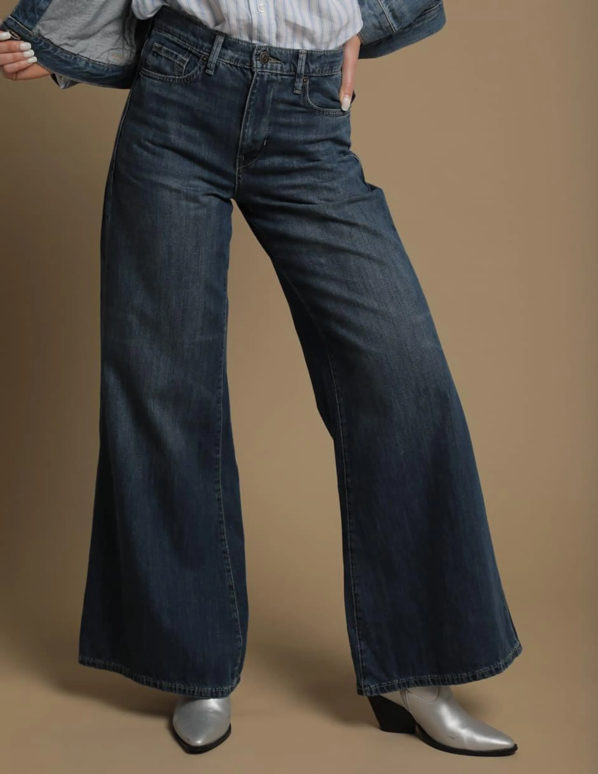 Jeans amplio corte cintura para mujer