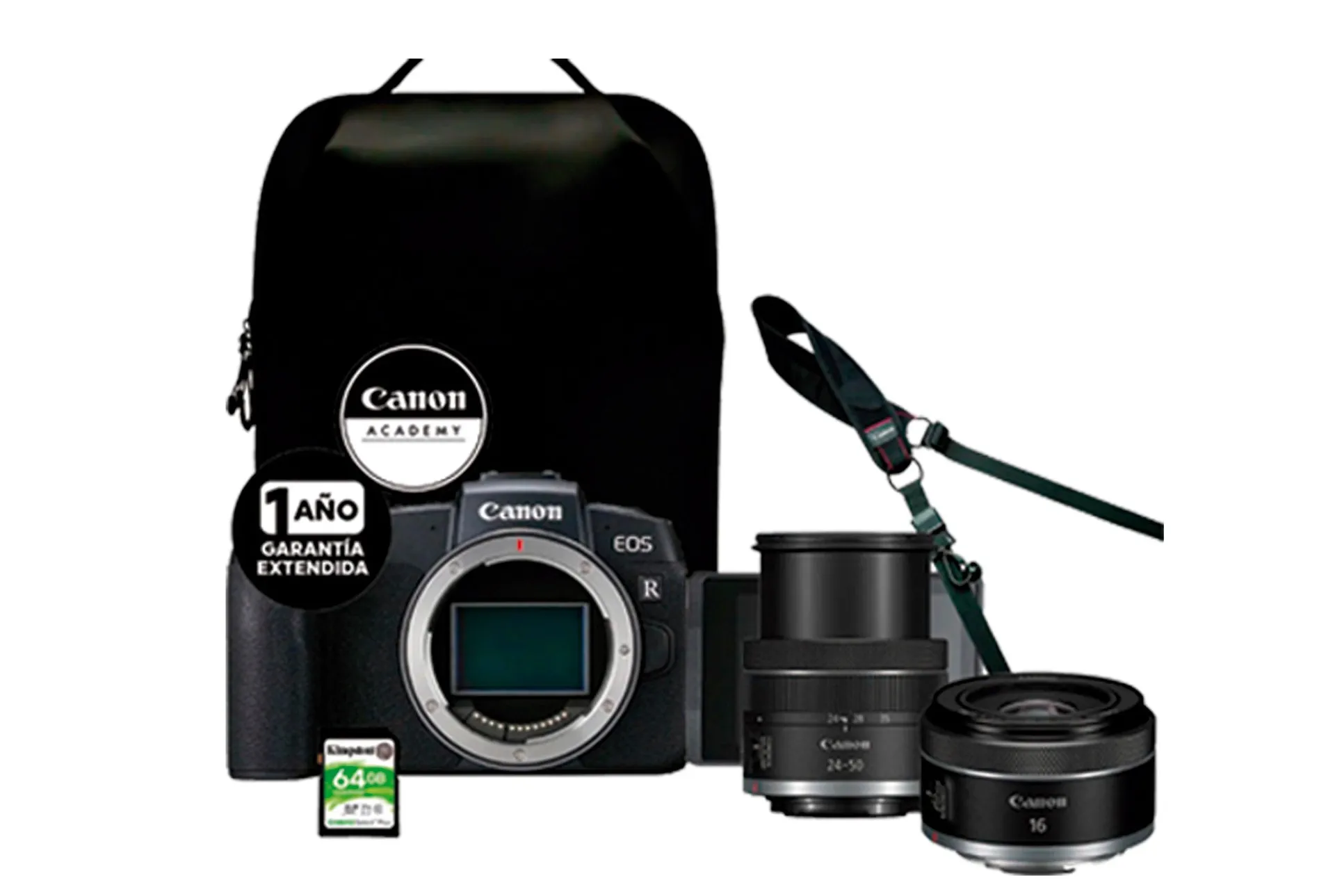 EOS RP Body KIT RF 16mm F2.8 STM+RF 24-50mm IS STM+ 64GB SD Card+Online Curso ABC Composición+ Mochila CCB-BP5-BK+Correa+Garantía Extendida16GB y Estuche 200ES