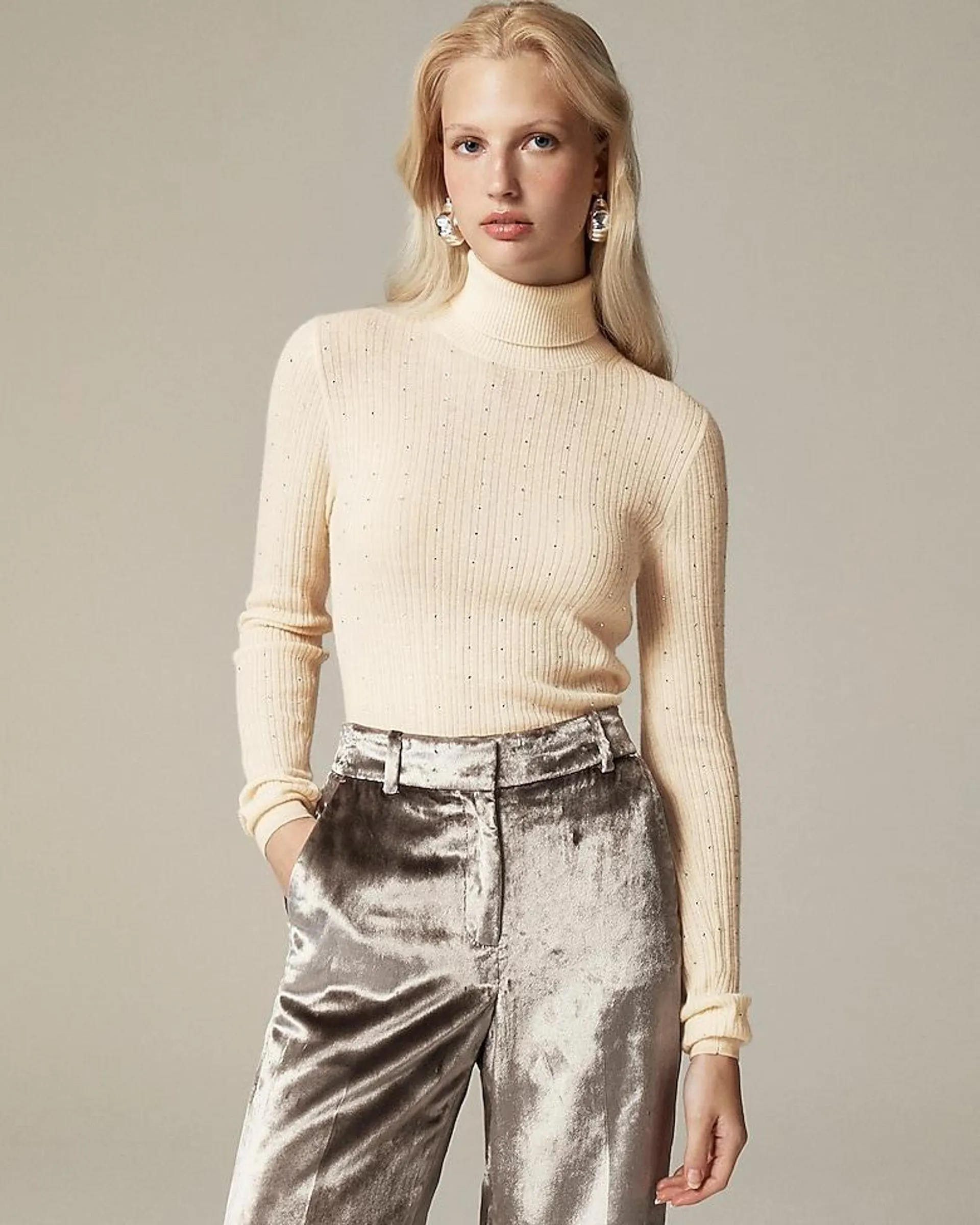 Featherweight cashmere turtleneck sweater with rhinestones