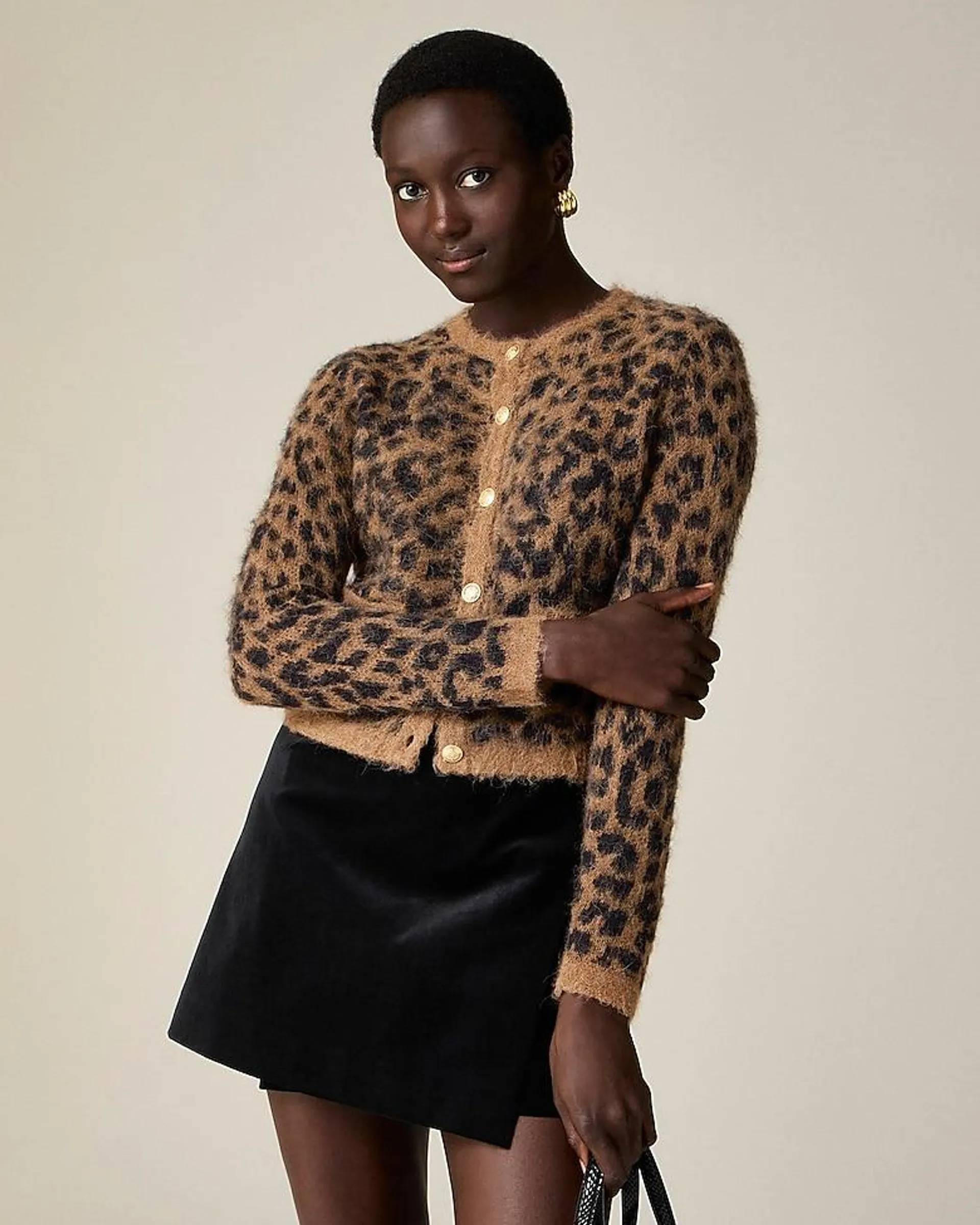 Brushed sweater lady jacket in leopard print