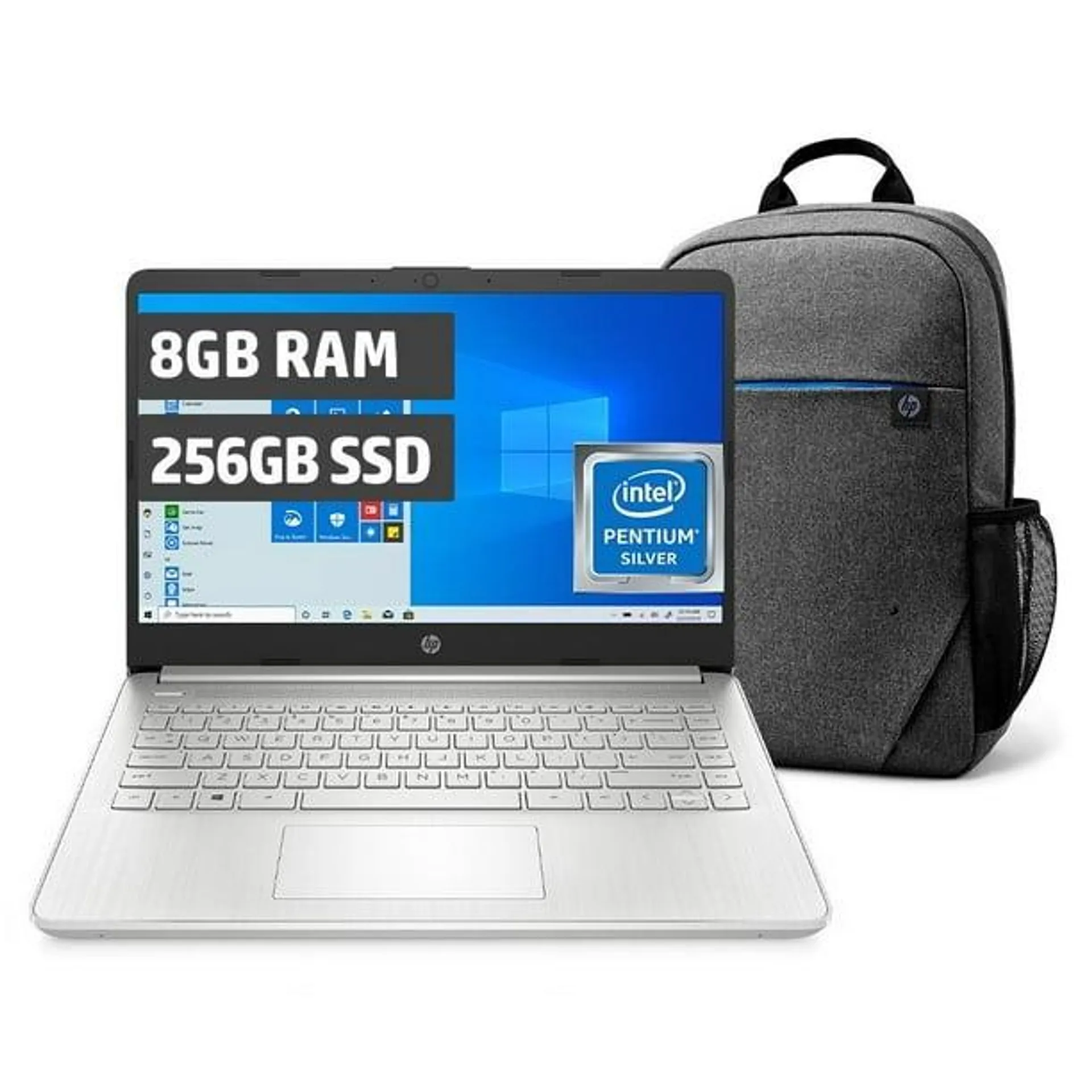 Laptop HP 14-dq0505la Procesador Intel Pentium 8GB RAM 256GB SSD Prelude Pro Backpack Plateado