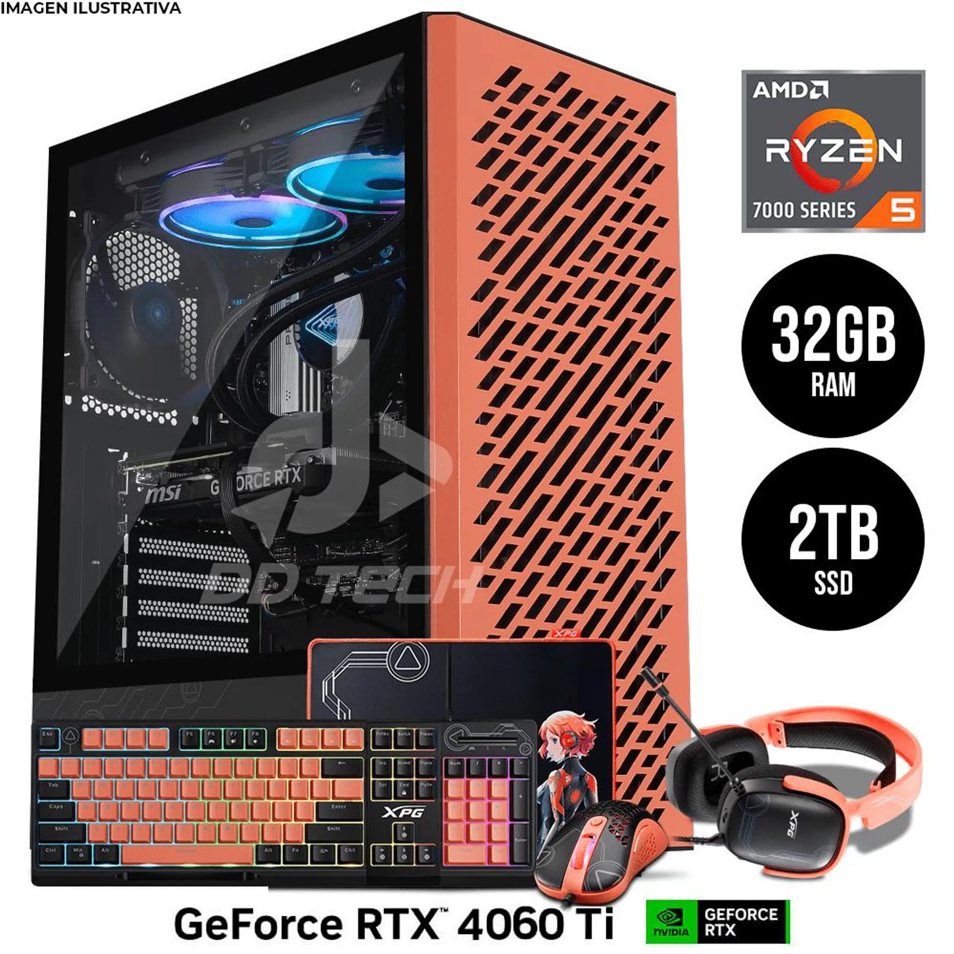 Computadora PRIDE GAMING XPG MERA / AMD Ryzen 5 7600 / RTX 4060Ti / 32GB RAM / 2TB M.2 / Enfriamiento Líquido 240mm / 650W 80+ Bronze / INCLUYE KIT MERA EDITION / INCLUYE WIFI