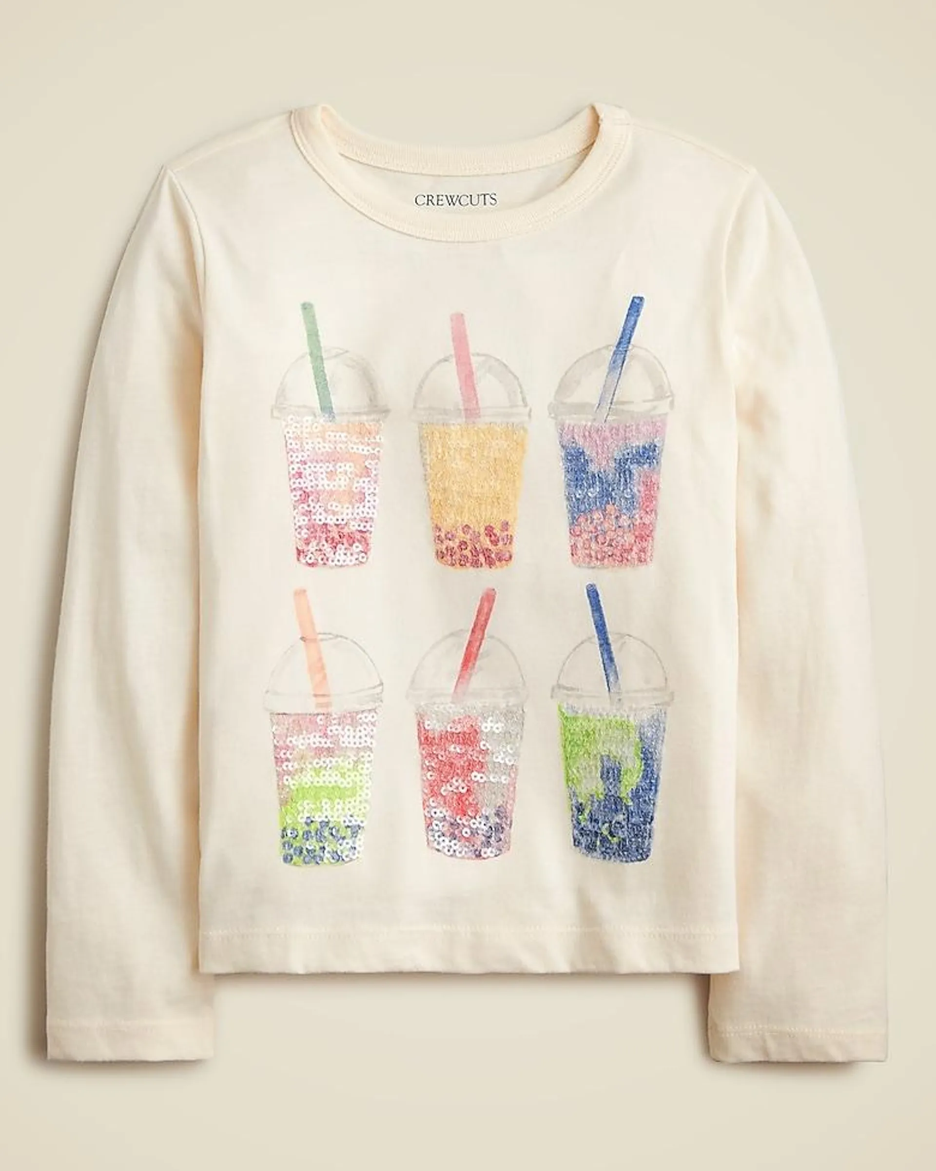 Girls' long-sleeve sequin boba tea T-shirt