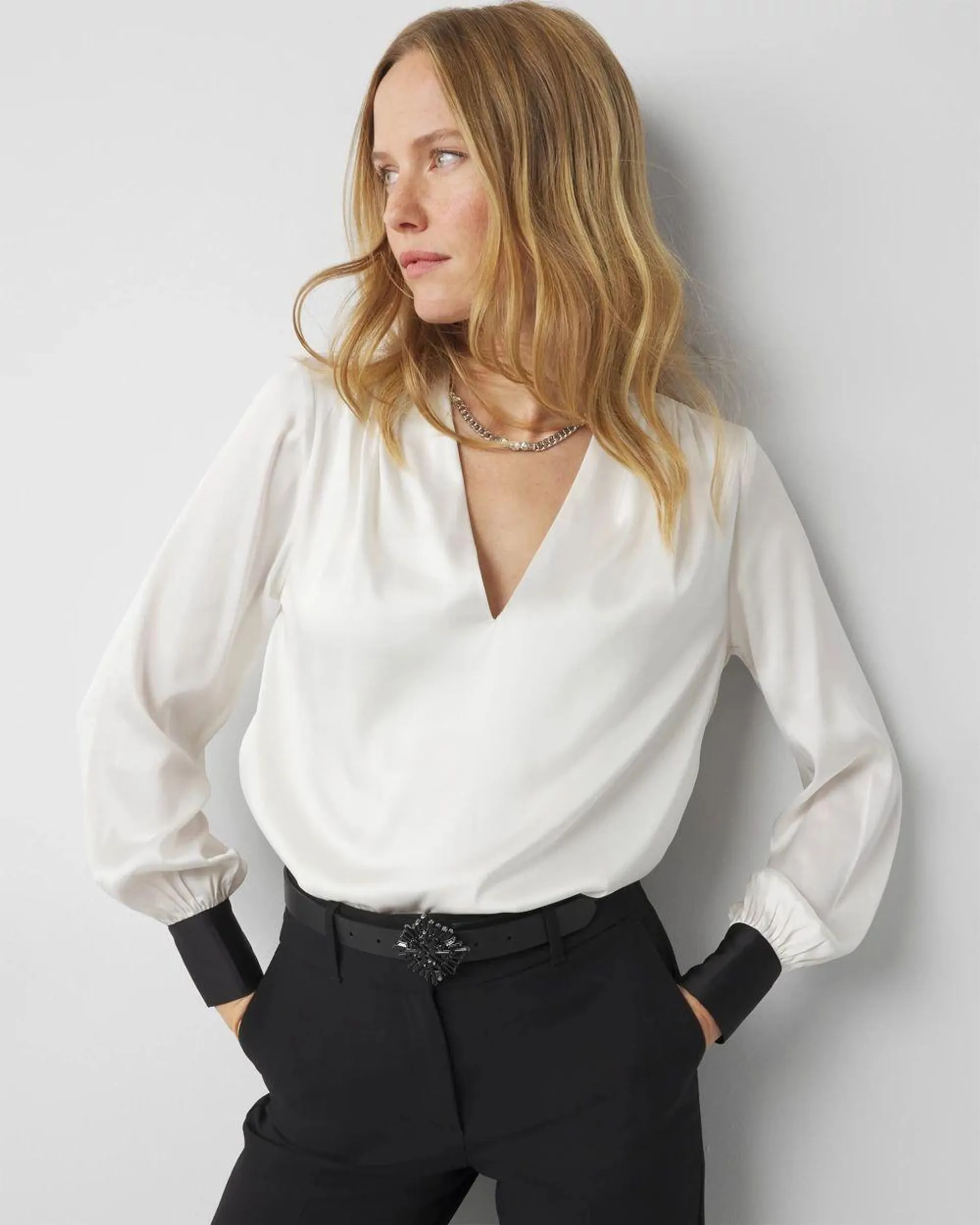 Contrasting Cuff Satin Blouse