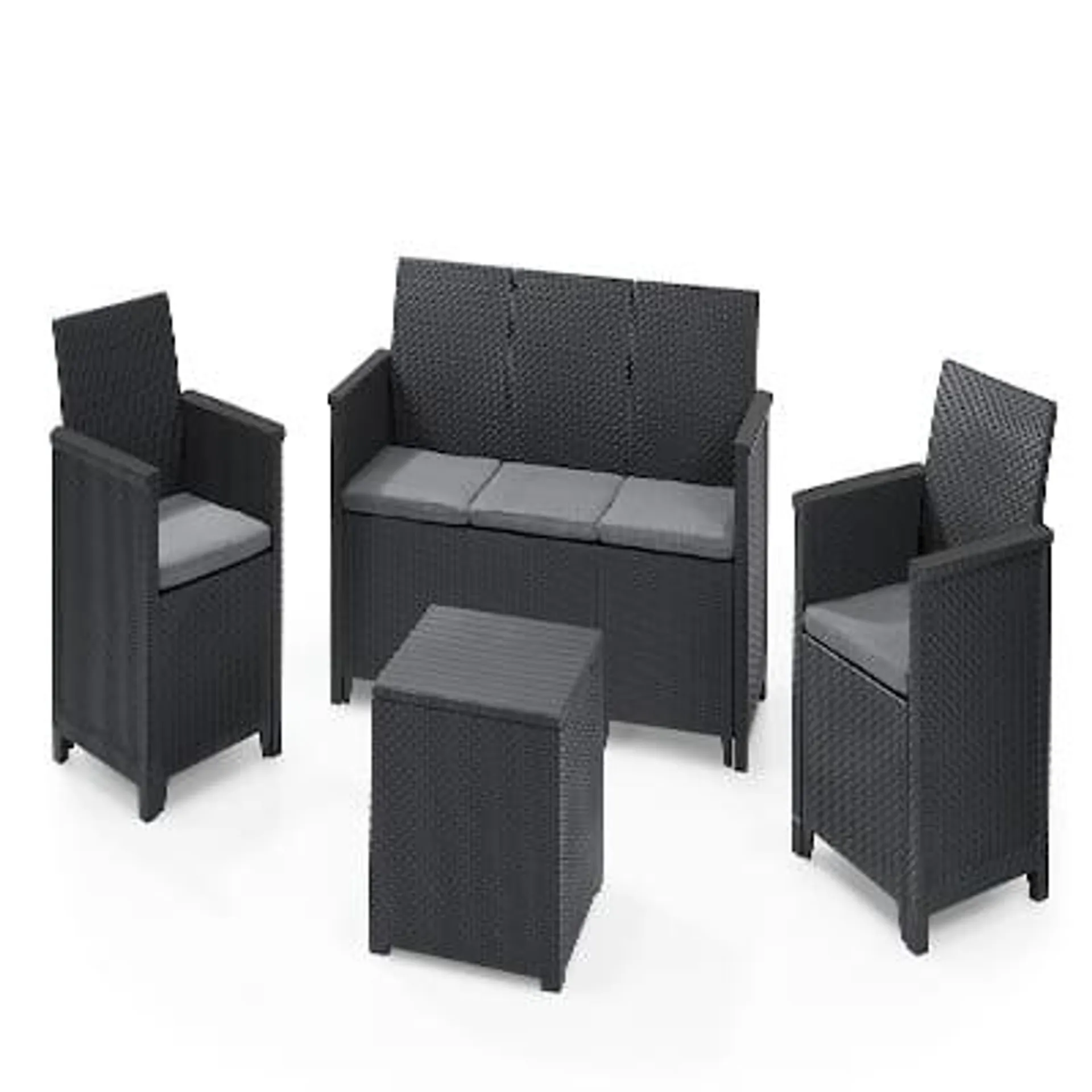 SALA DE JARDIN ELODIE PARA 5 PERSONAS COLOR GRIS 4 PIEZAS Y MESA QUE PUEDE UTILIZARSE COMO BAUL