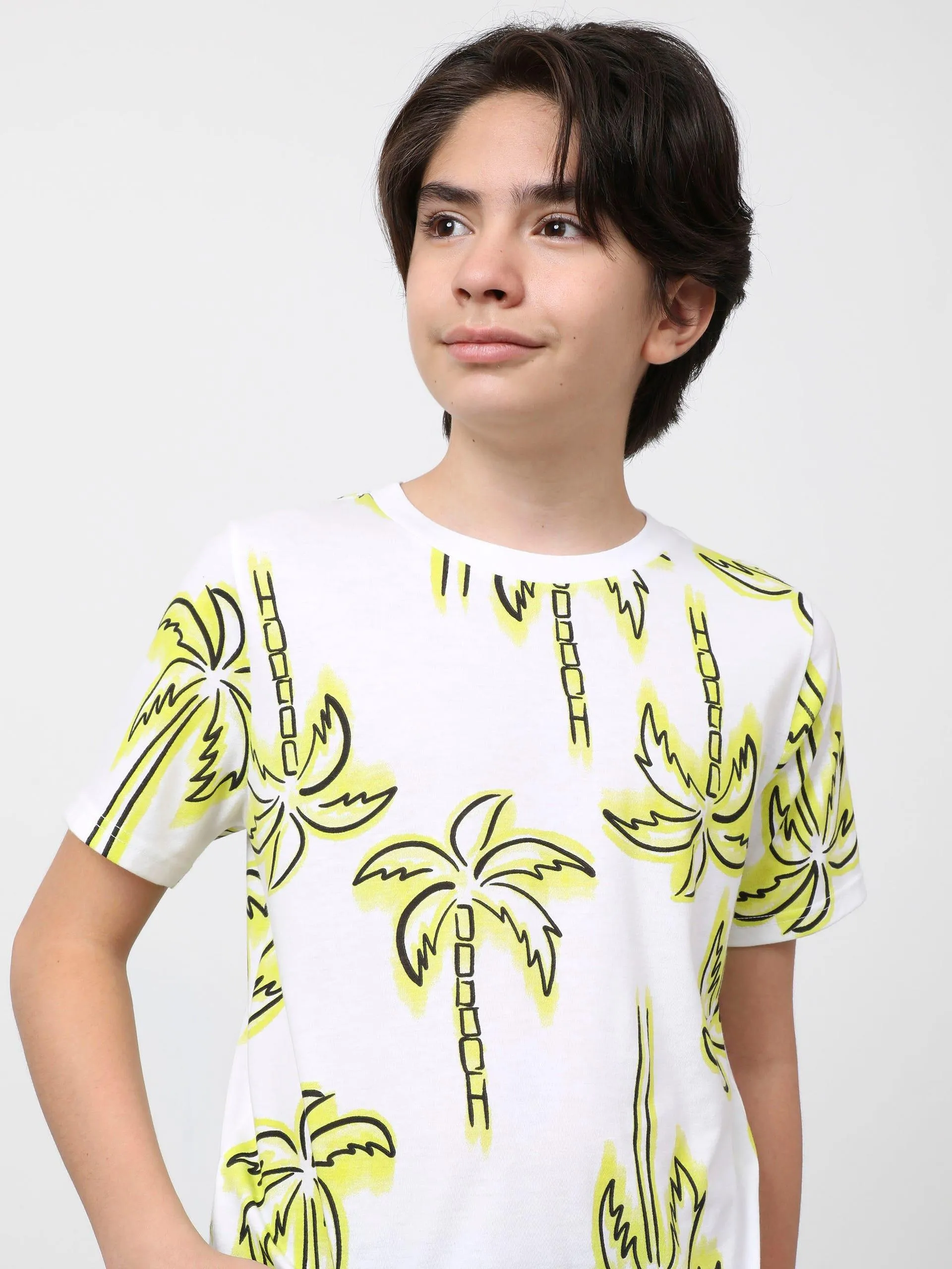 Playera Manga Corta Full Print Palmeras Blanca