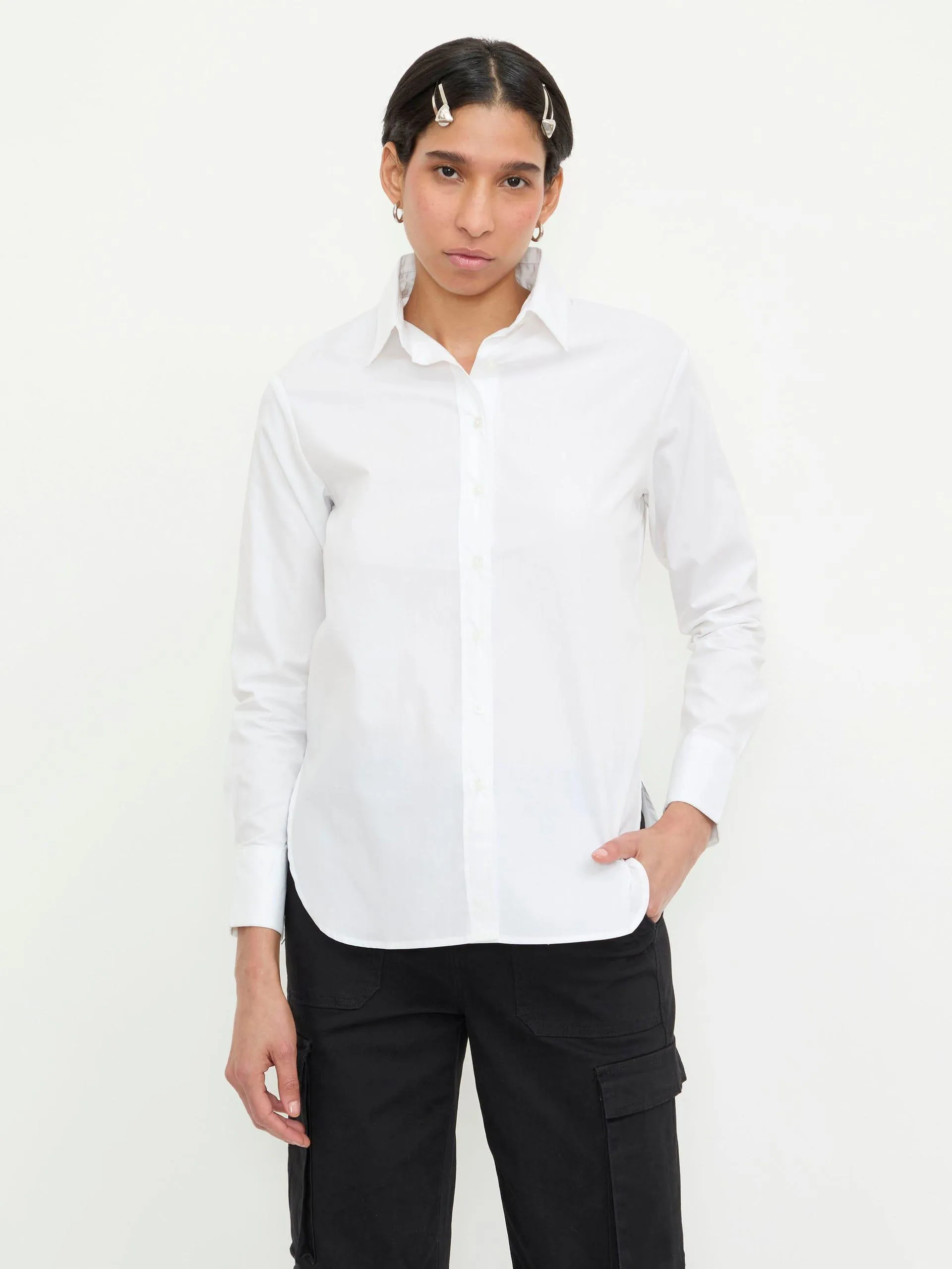 Camisa Manga Larga High Low Blanca