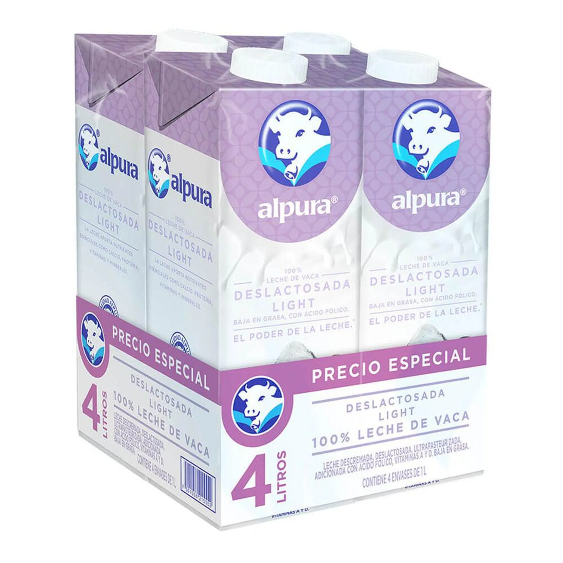 Leche Alpura Deslactosada Light 1 Paquete con 4 piezas de 1 lt c/u