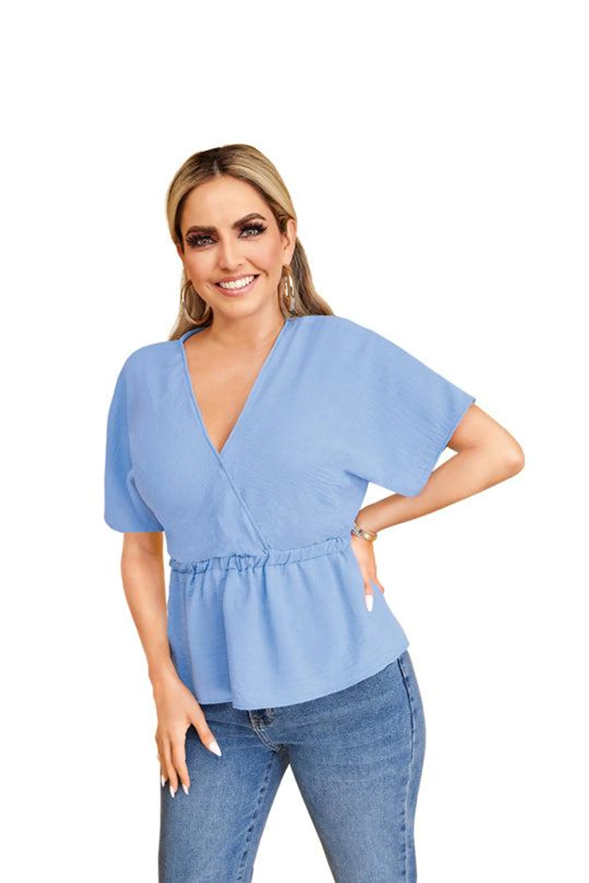 Blusa azul claro con elástico en cintura 13184