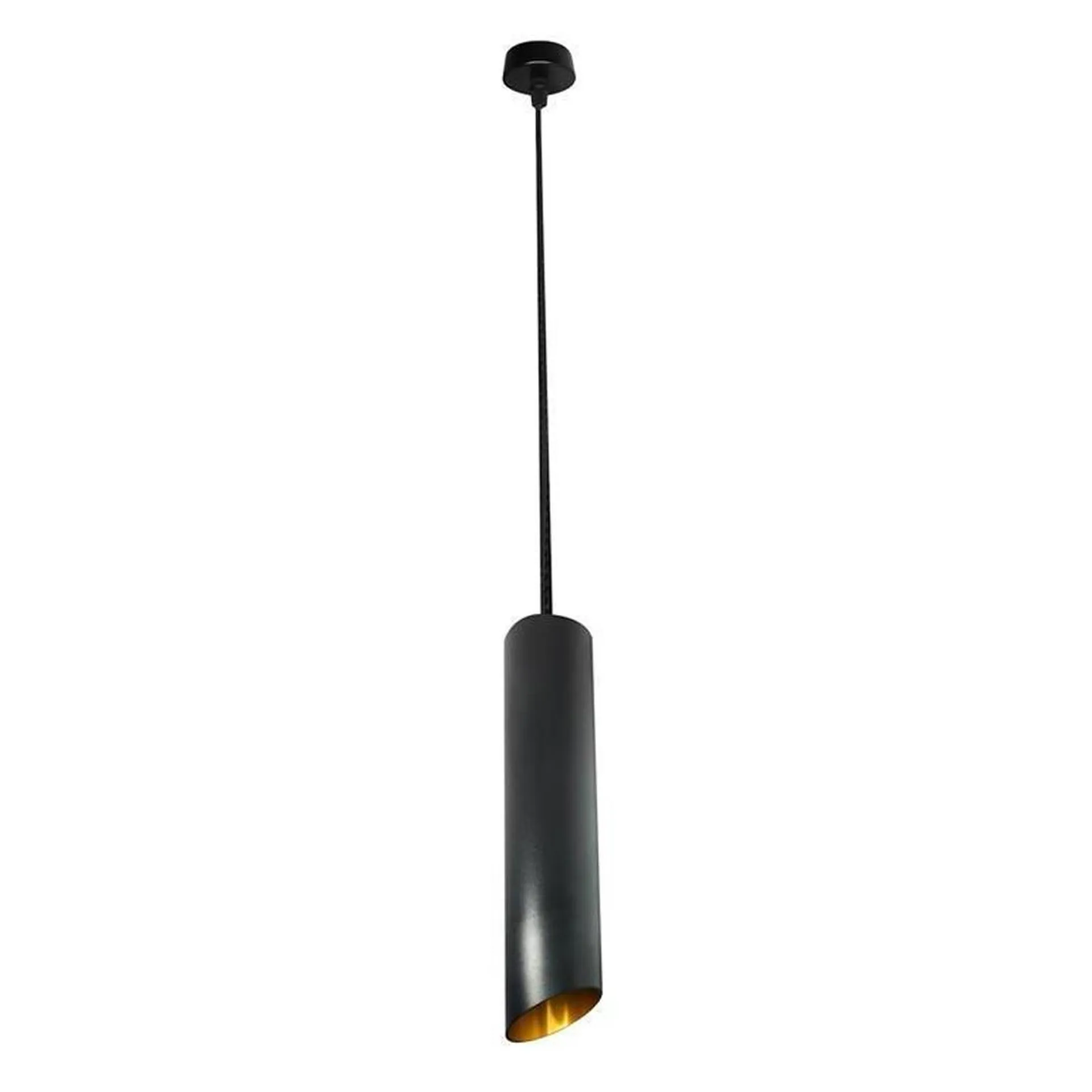 Luminario tubular suspendido con base GU10 de 23, 30 y 40cm en acabado negro con dorado, No incluye foco.