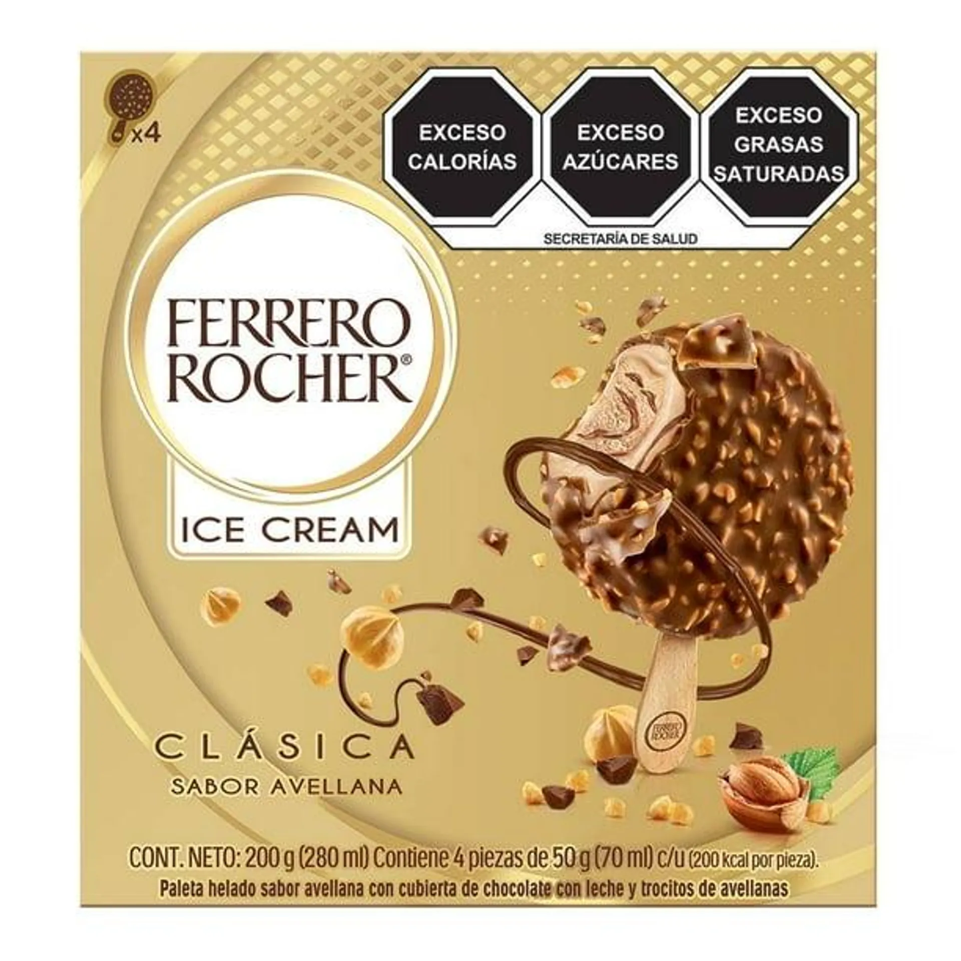 Paletas heladas Ferrero Rocher clásica sabor avellana 4 pzas de 50 g c/u
