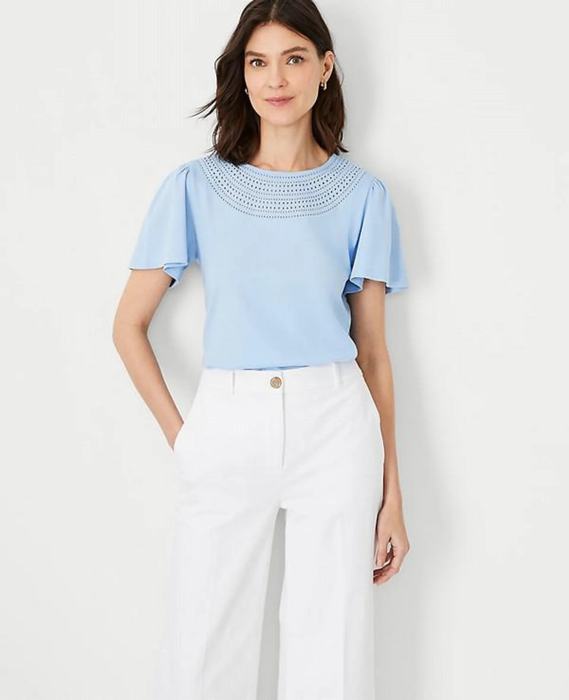 Camisas Ann Taylor Embroidered Flutter Sleeve Azules | 291603-AYW