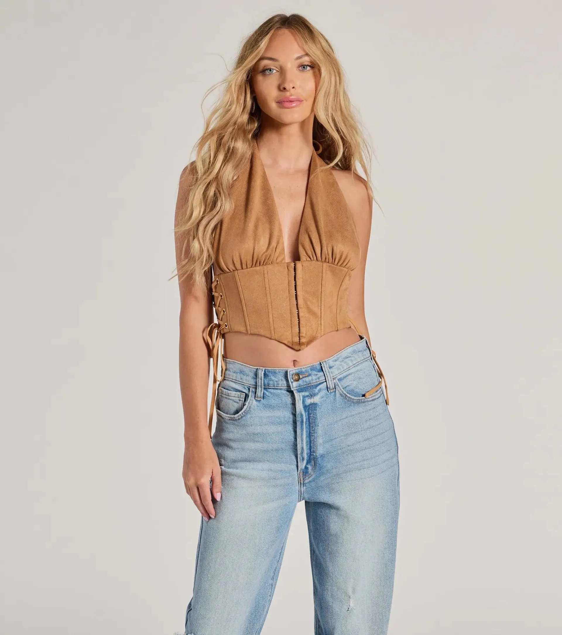 Chic Vibes Faux Suede Halter Cropped Corset Top