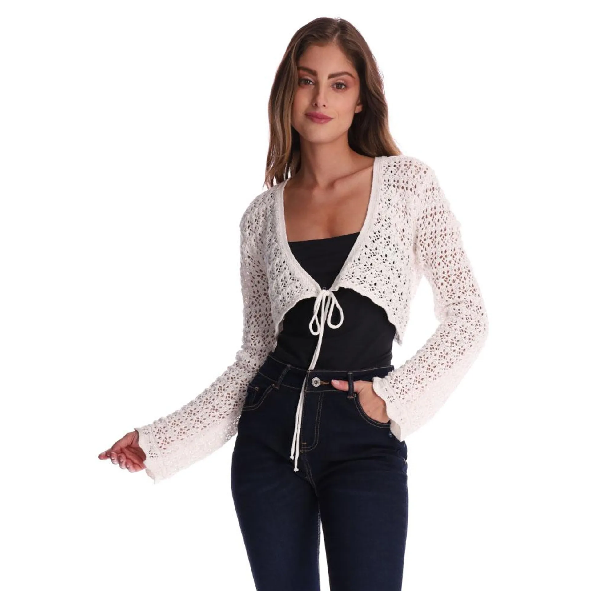 Top Dama Crochet Manga Larga Cordón Delantero