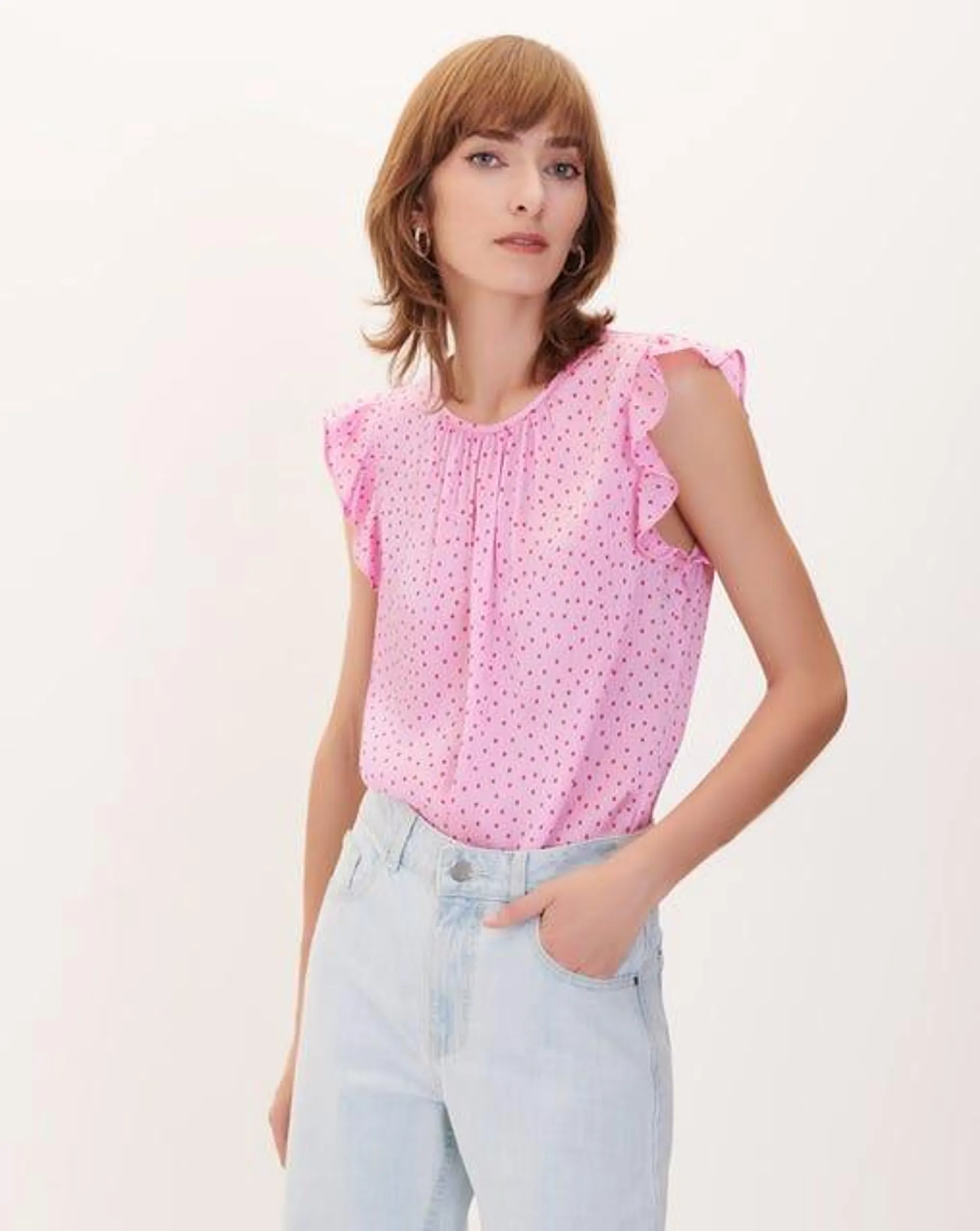 Blusa Rosa Satín Lunares Manga Escarola