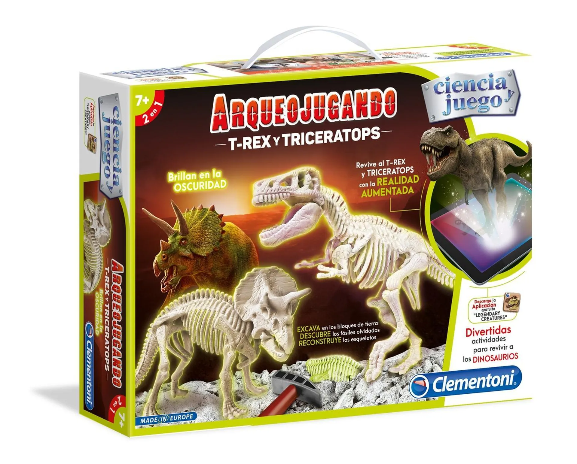 Juego De Excavación T-Rex Y Triceratops Fosforescente Clementoni