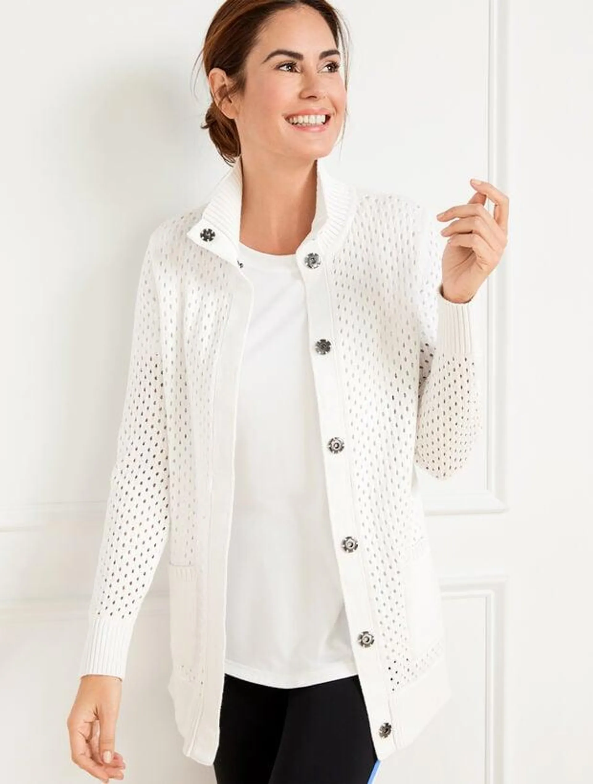 Coolmax® Snap Button Sweater Jacket - White