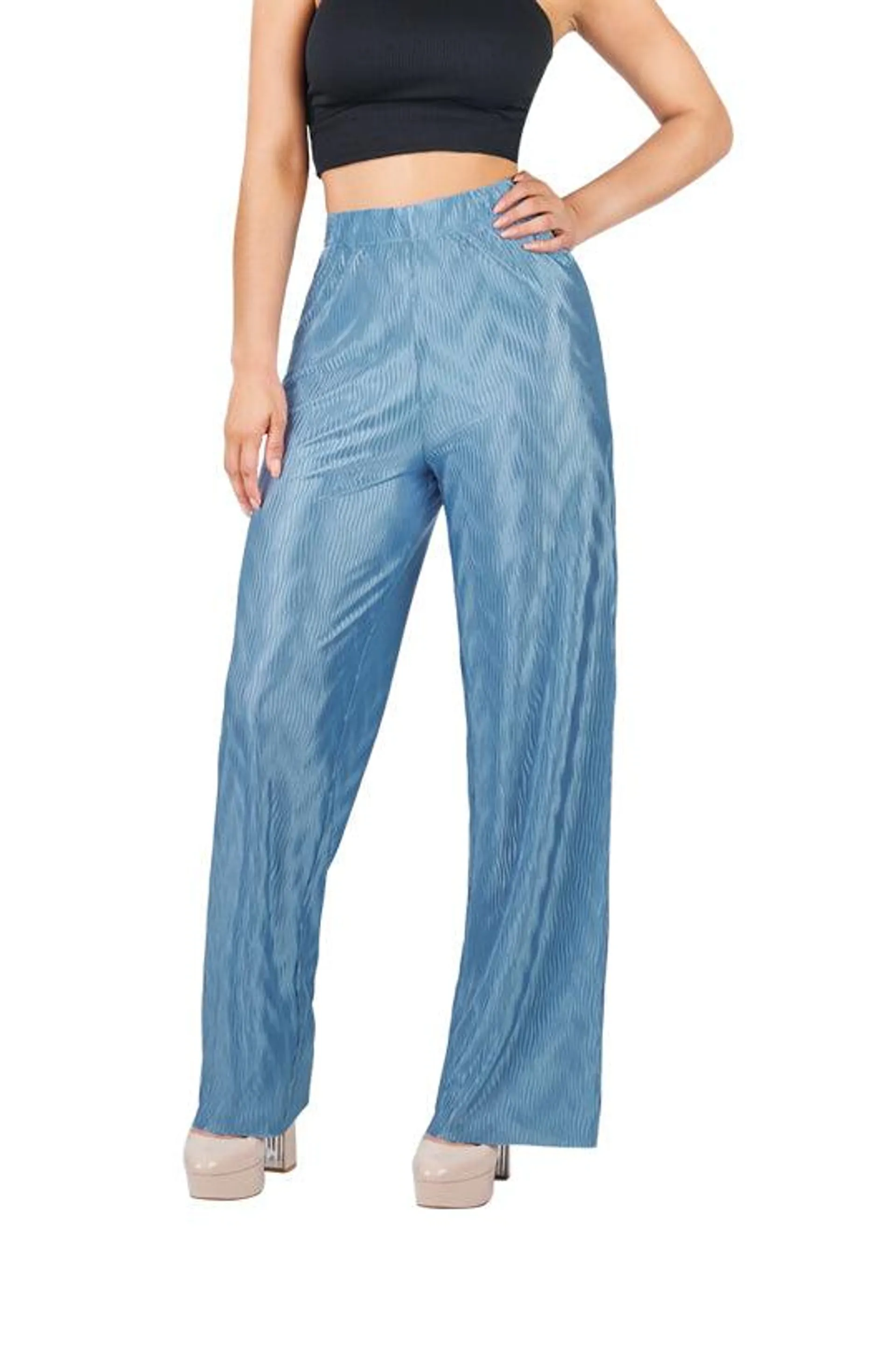 Pantalón azul satinado con textura 97887