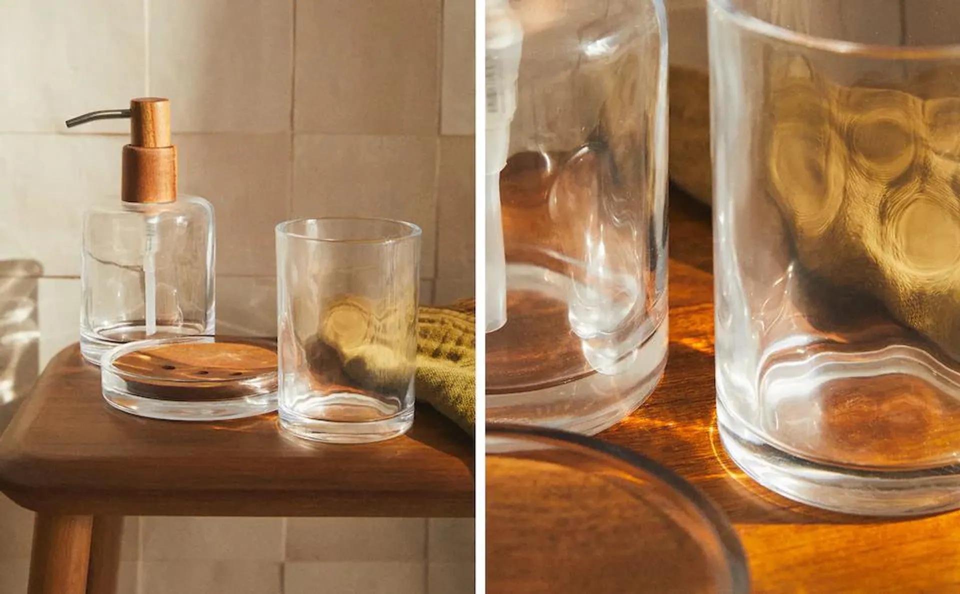 JUEGO DE BAÑO VIDRIO Y MADERA