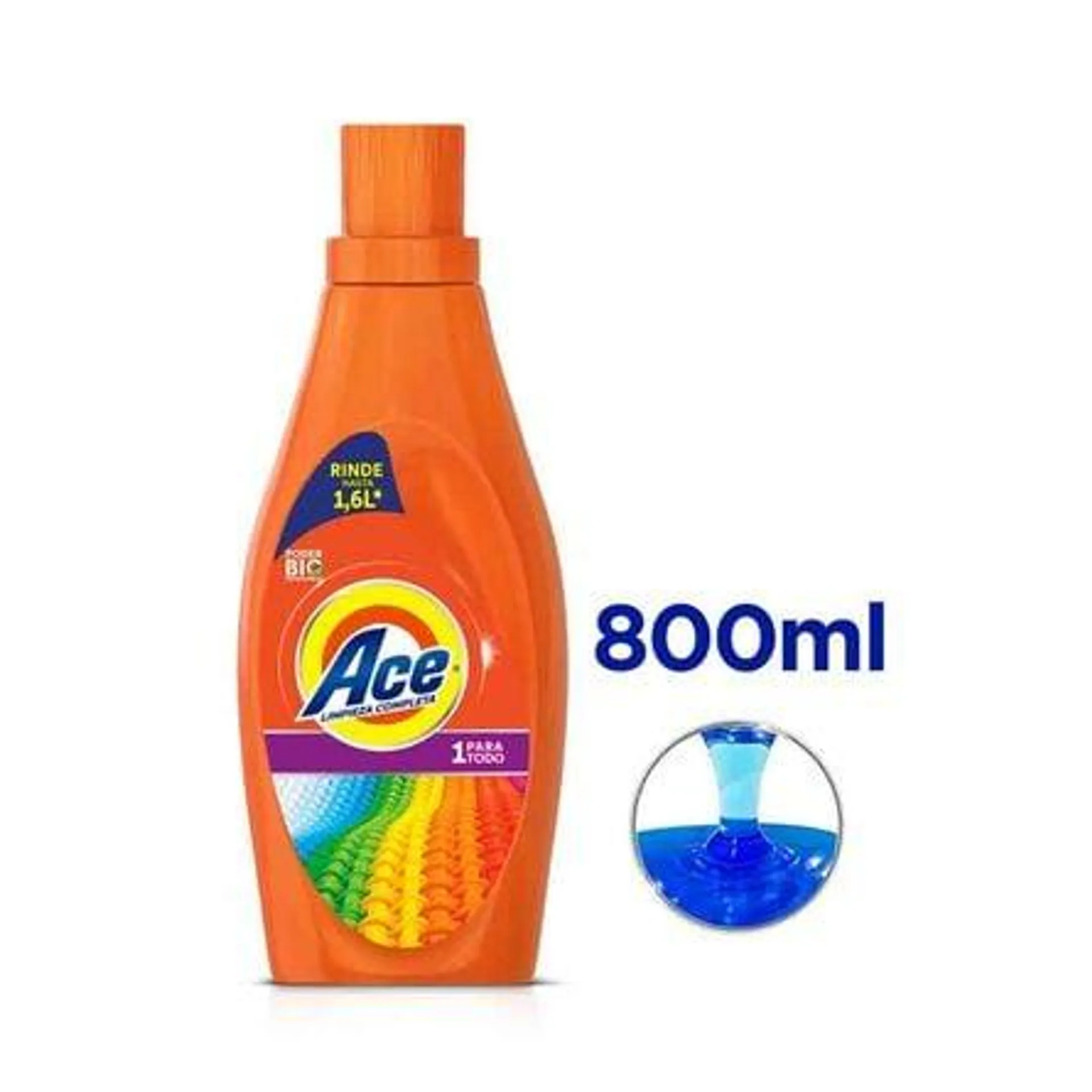 Ace Limpieza Completa 1 para Todo Detergente Líquido Concentrado para Lavar Ropa Blanca y de Color 800 ml