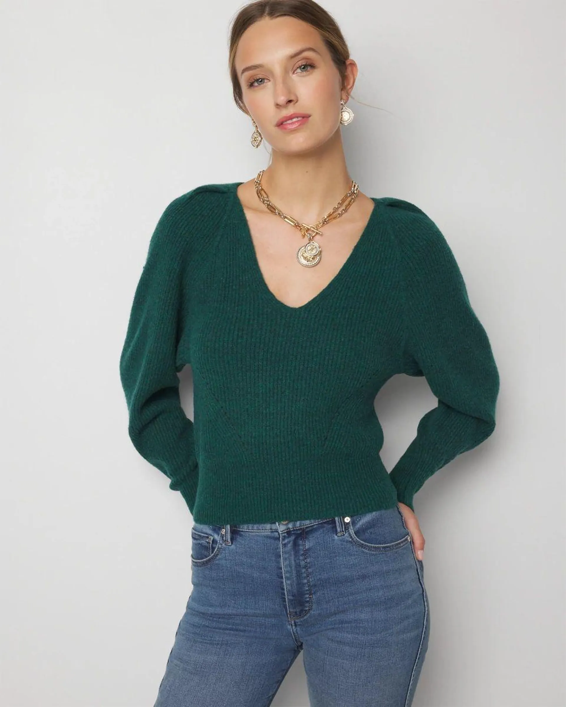 Pleated Shoulder V-neck Pullover Sweater