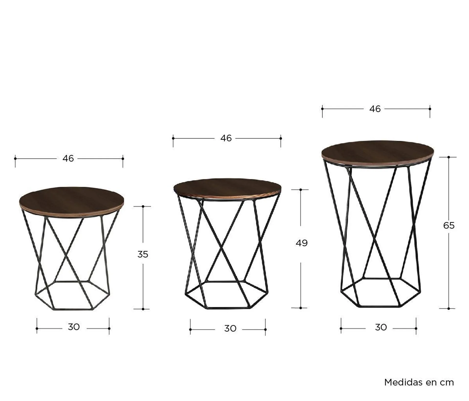 Set de 3 Mesas Hexa Nogal - Negro