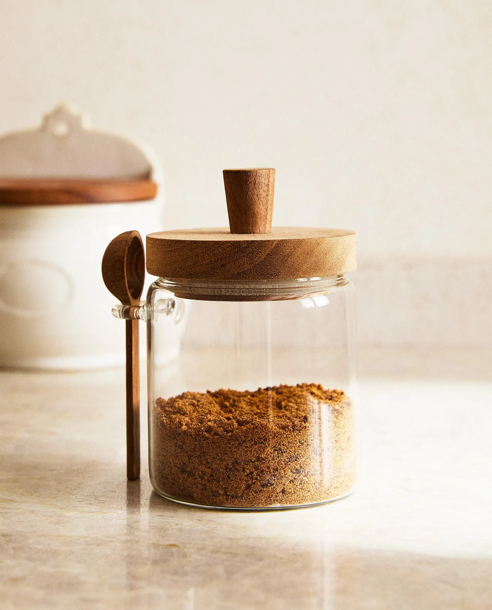 BOROSILICATE GLASS AND WOOD SUGAR BOWL