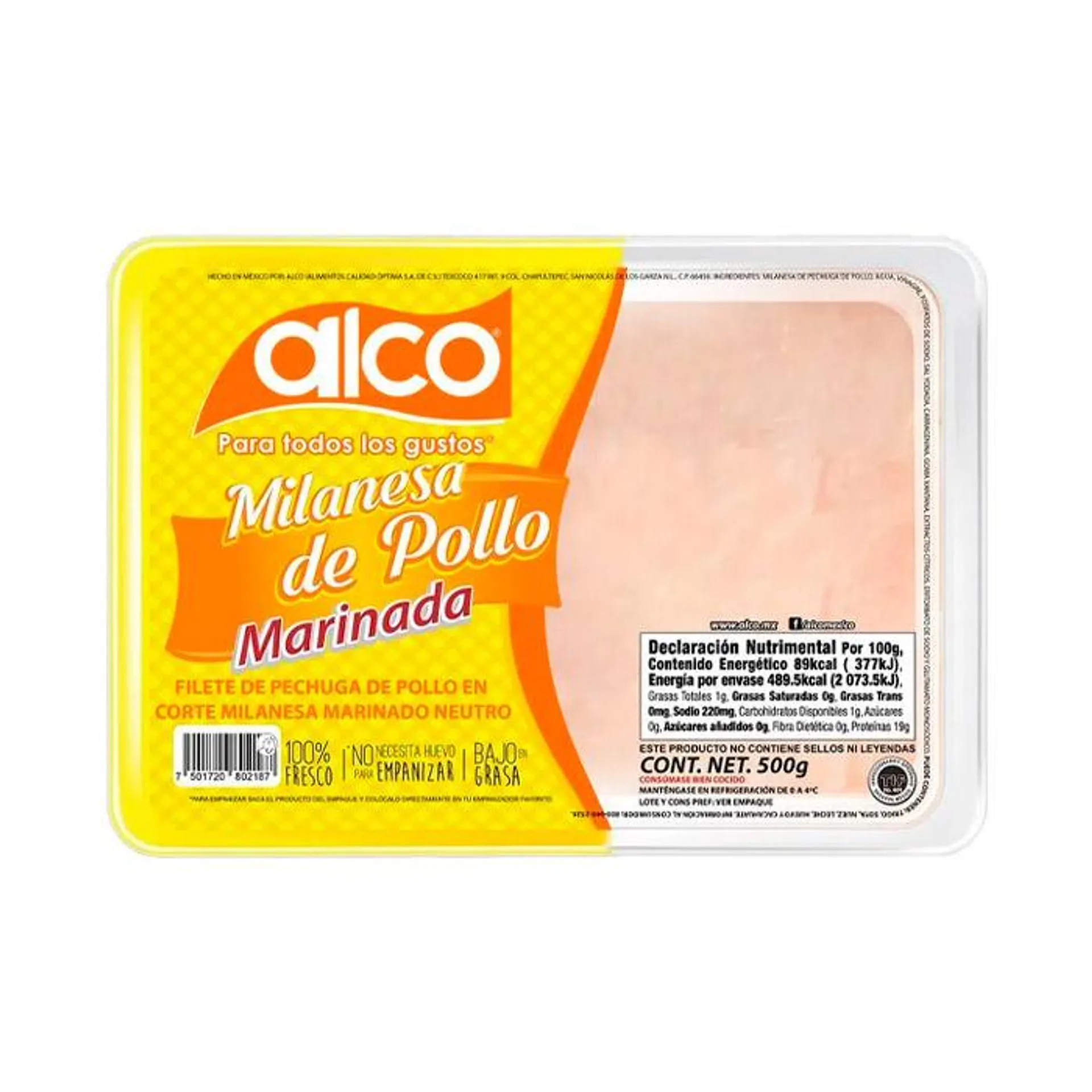 MILANESA DE POLLO MARINADA ALCO PZ 500 g