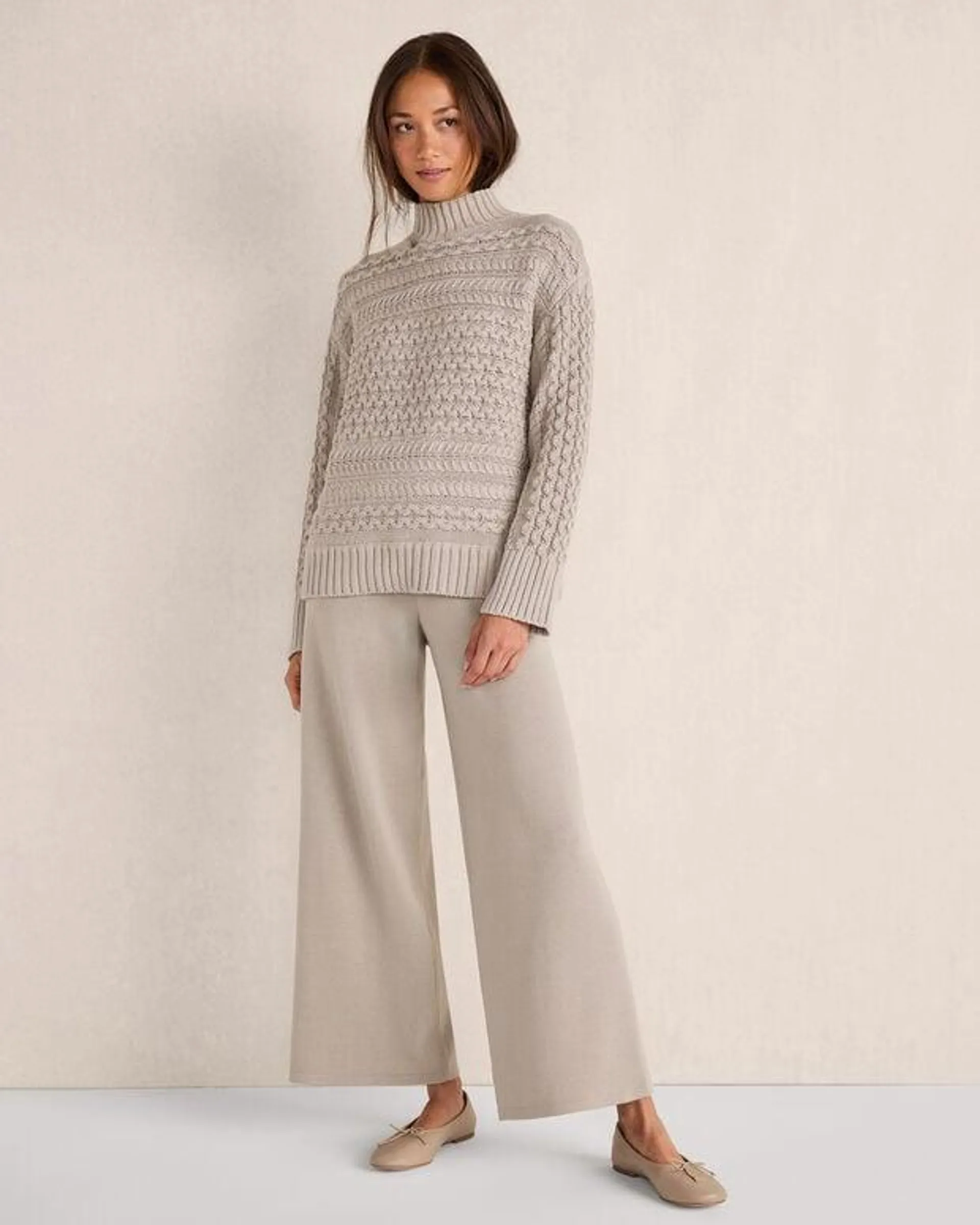 Organic Cotton Cable Knit Funnel Neck Sweater