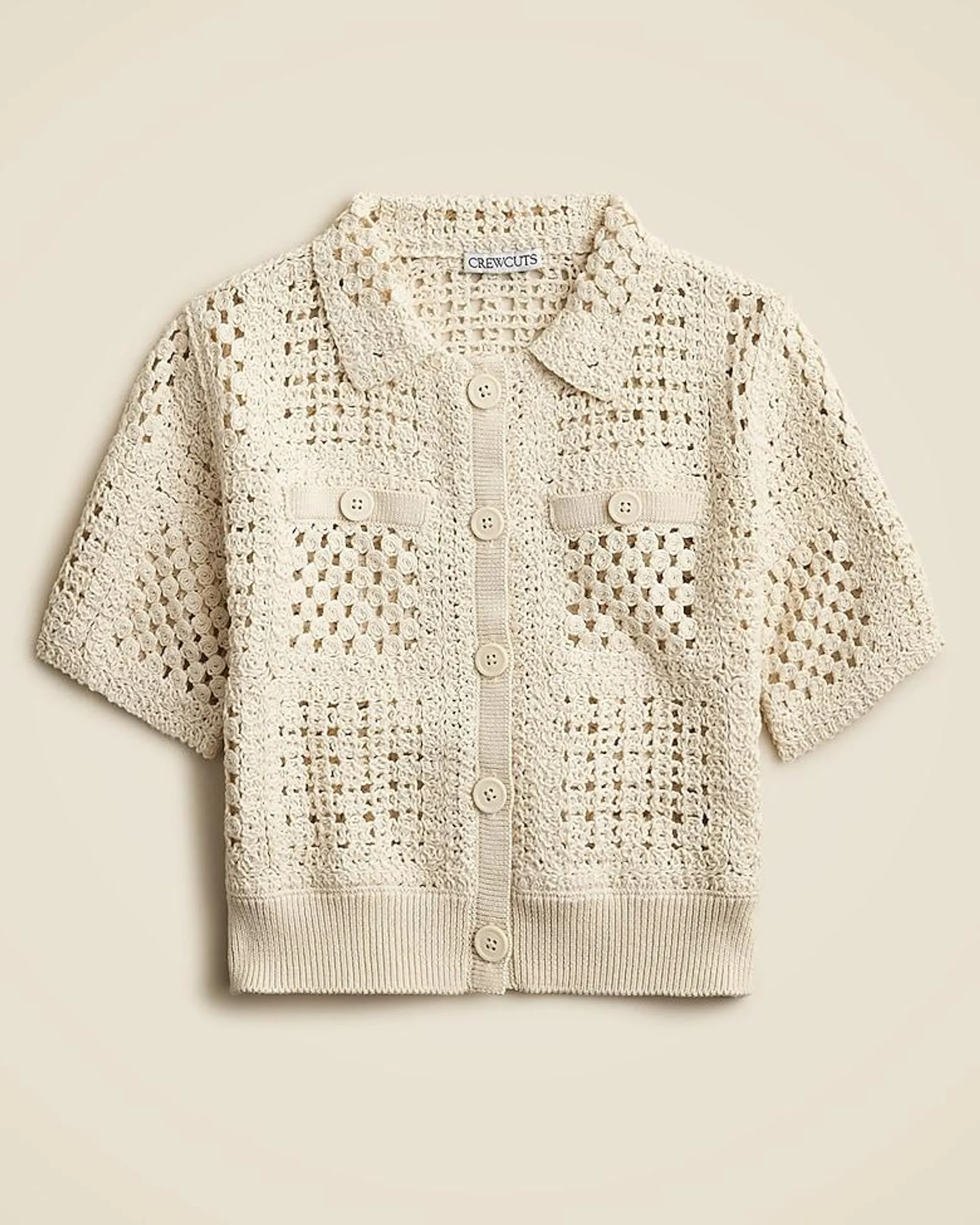 Girls' short-sleeve crochet button-up shirt