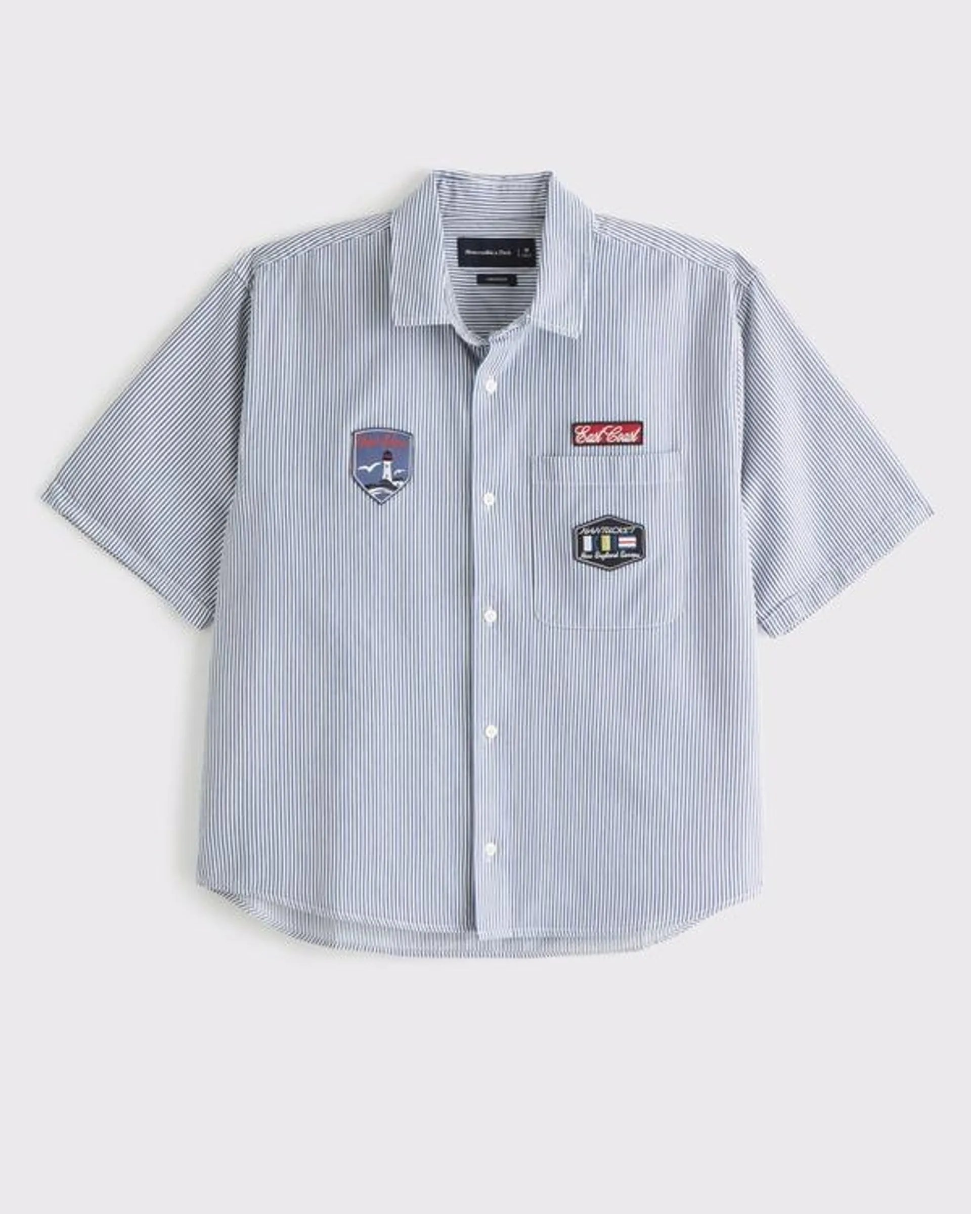 Short Sleeve Cropped Graphic Workwear Button-Up Shirt