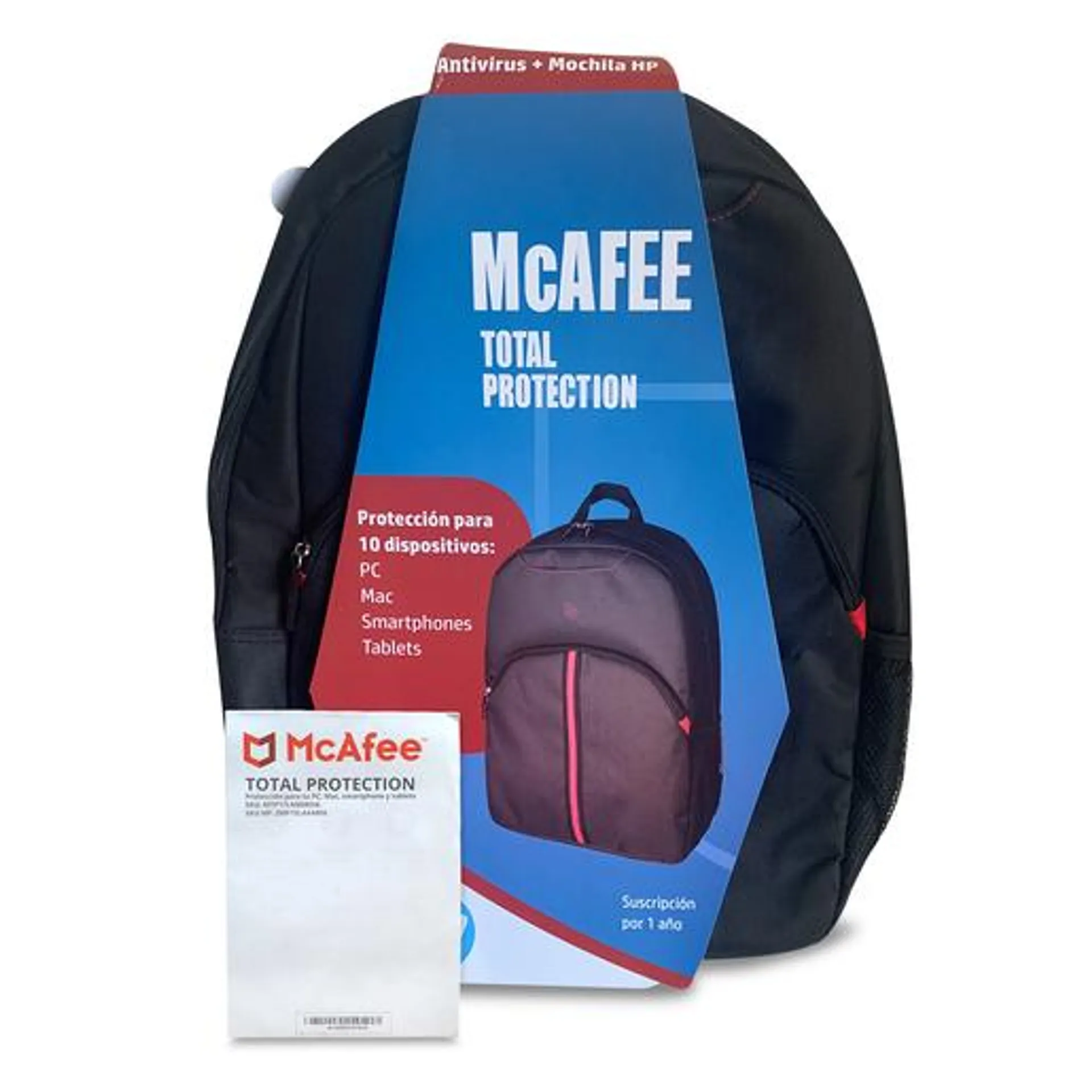 Antivirus Mcafee Total Protection más Mochila para Laptop Hp A1 / Licencia 1 año / 10 dispositivos / PC / Laptop / Mac / Dispositivos móviles
