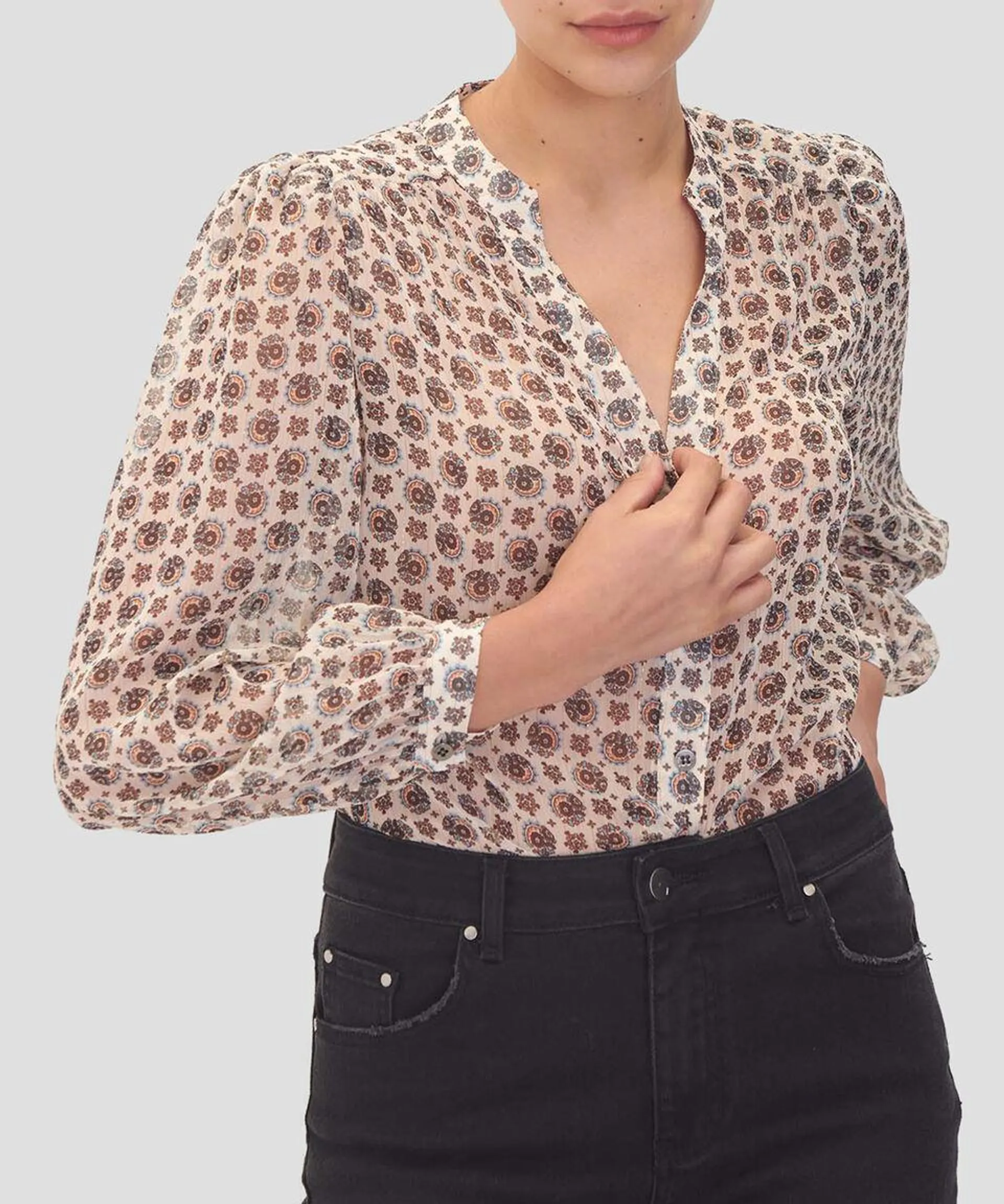 Blusa Estampado Floral Escote V Detalles Dorados Mujer