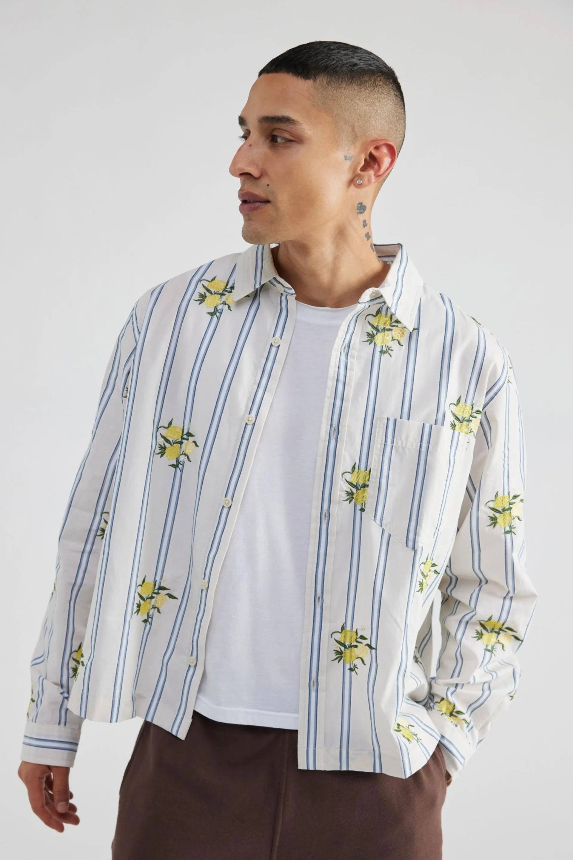 BDG Striped Embroidered Lemon Shirt