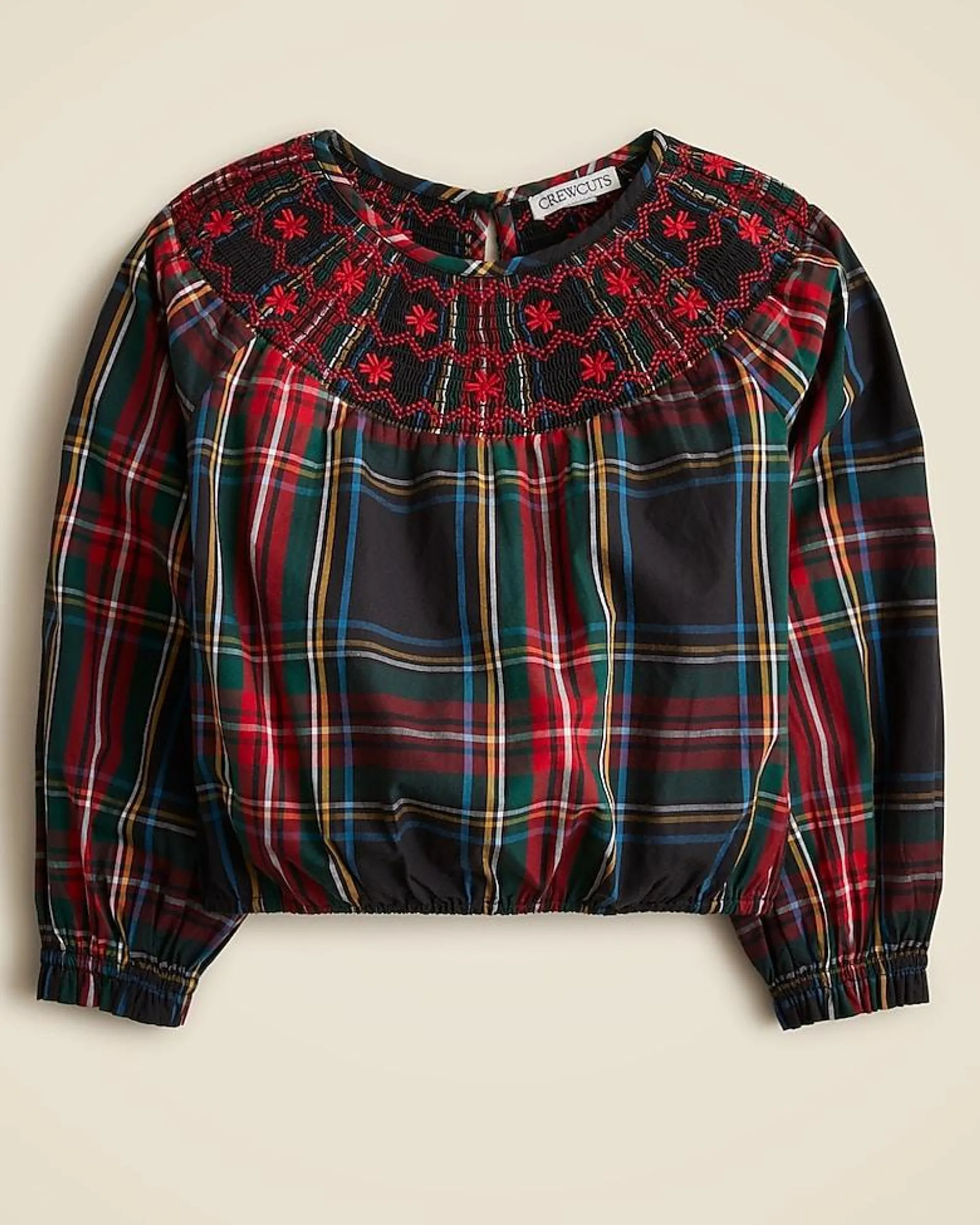 Girls' embroidered smocked top in Stewart tartan