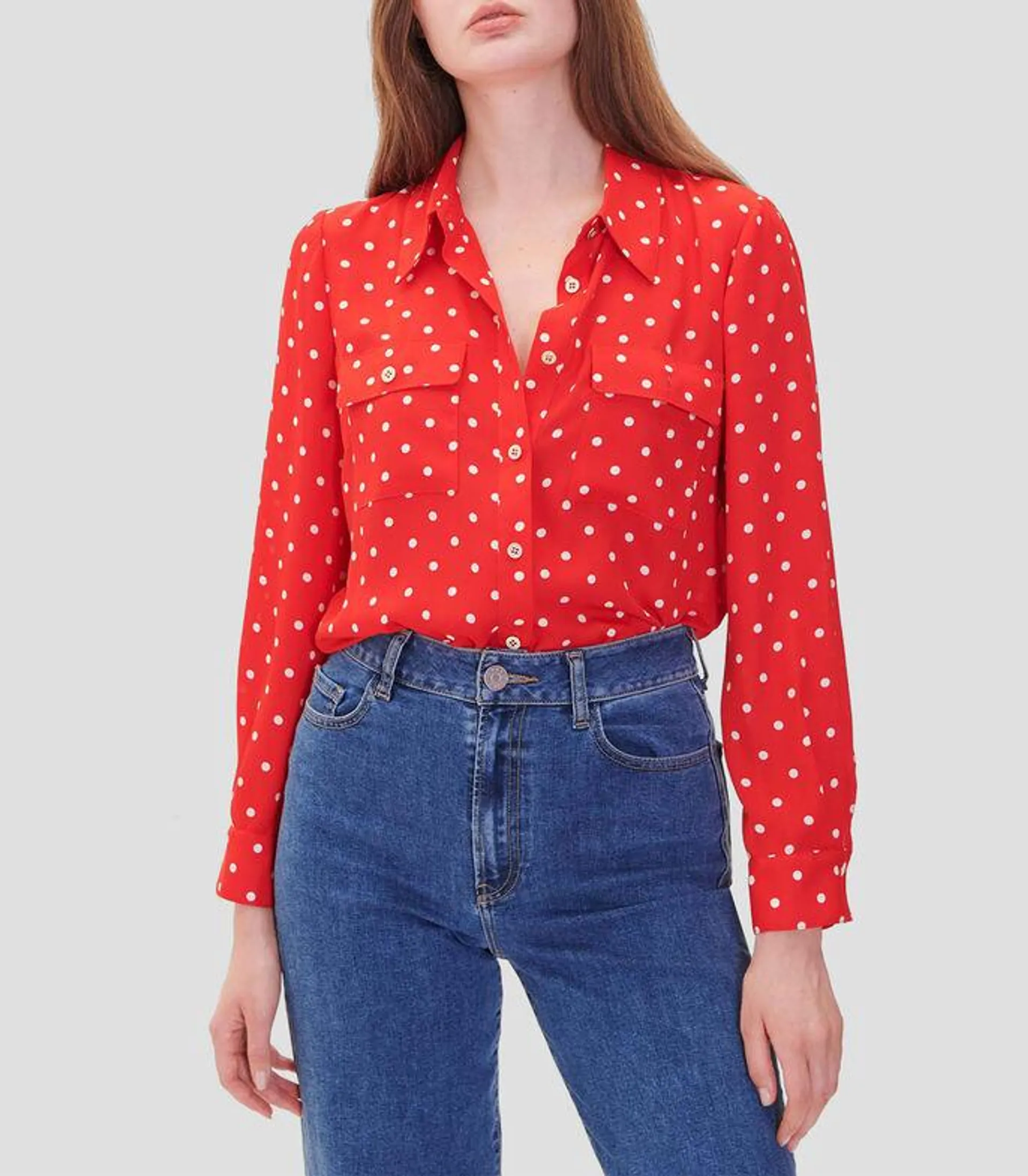 Blusa Camisera Rojo Escarlata Con Lunares Mujer