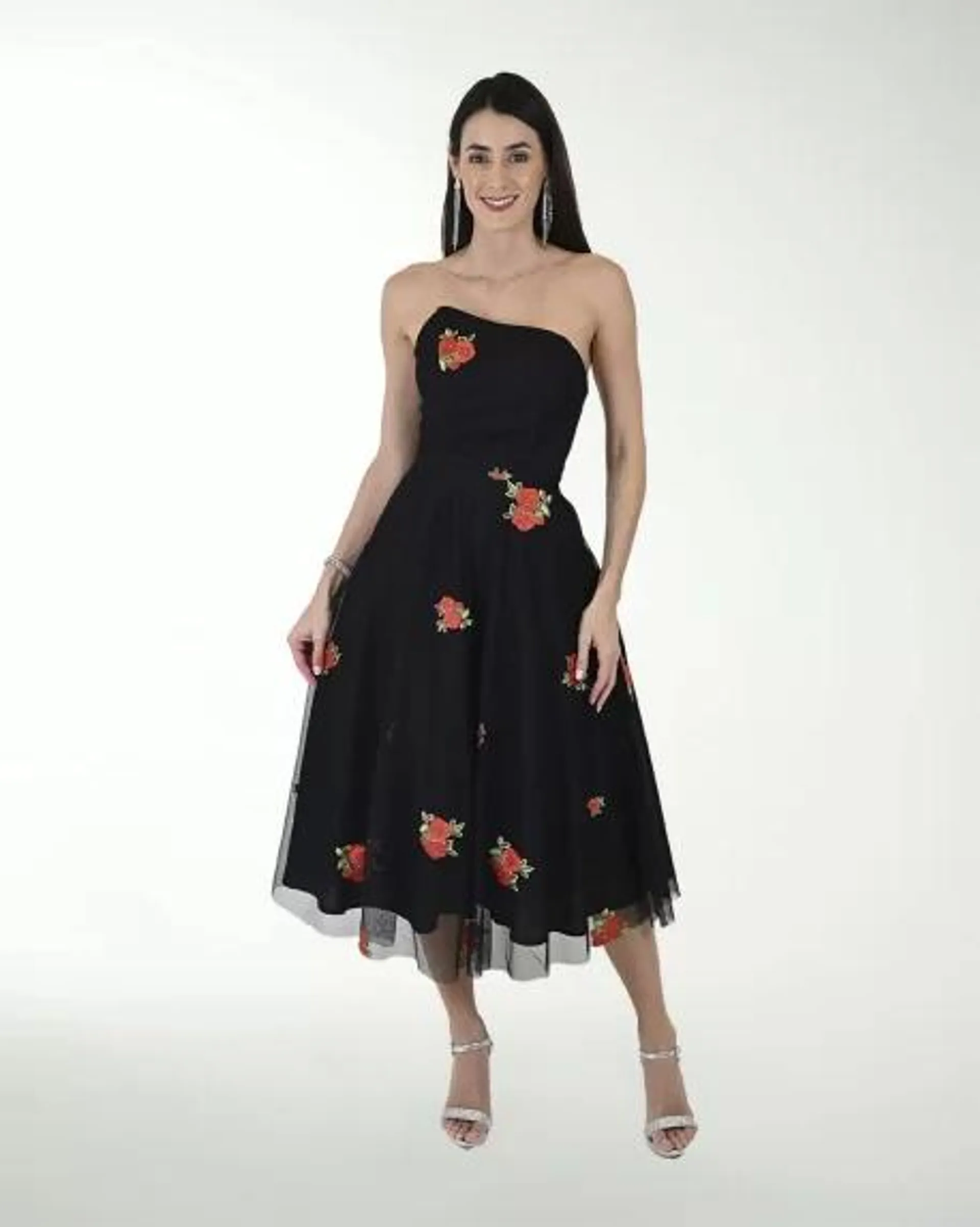 VESTIDO CC BORDADO STRAPLESS LARGO MIDI