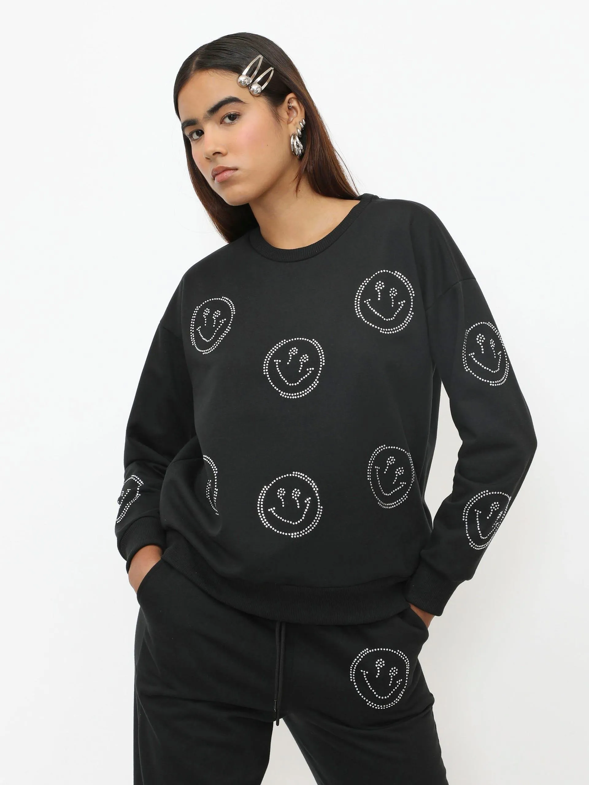 Sudadera Manga Larga Estampada Negra