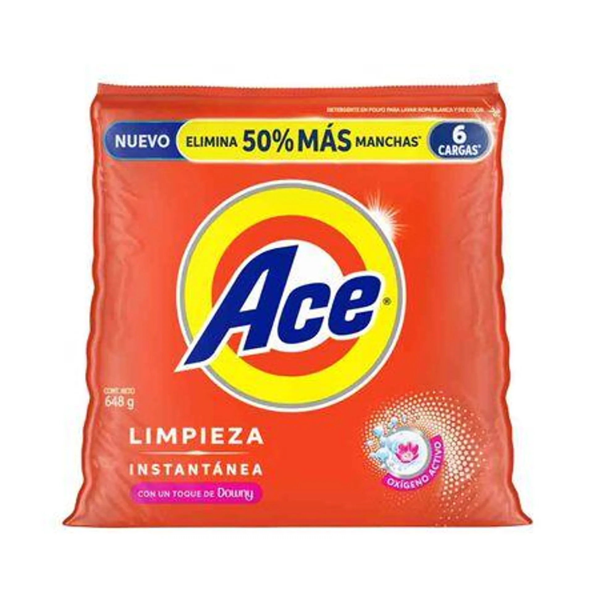 Detergente en Polvo Ace con Toque de Downy Limpieza Instantánea 6 Cargas (648g)