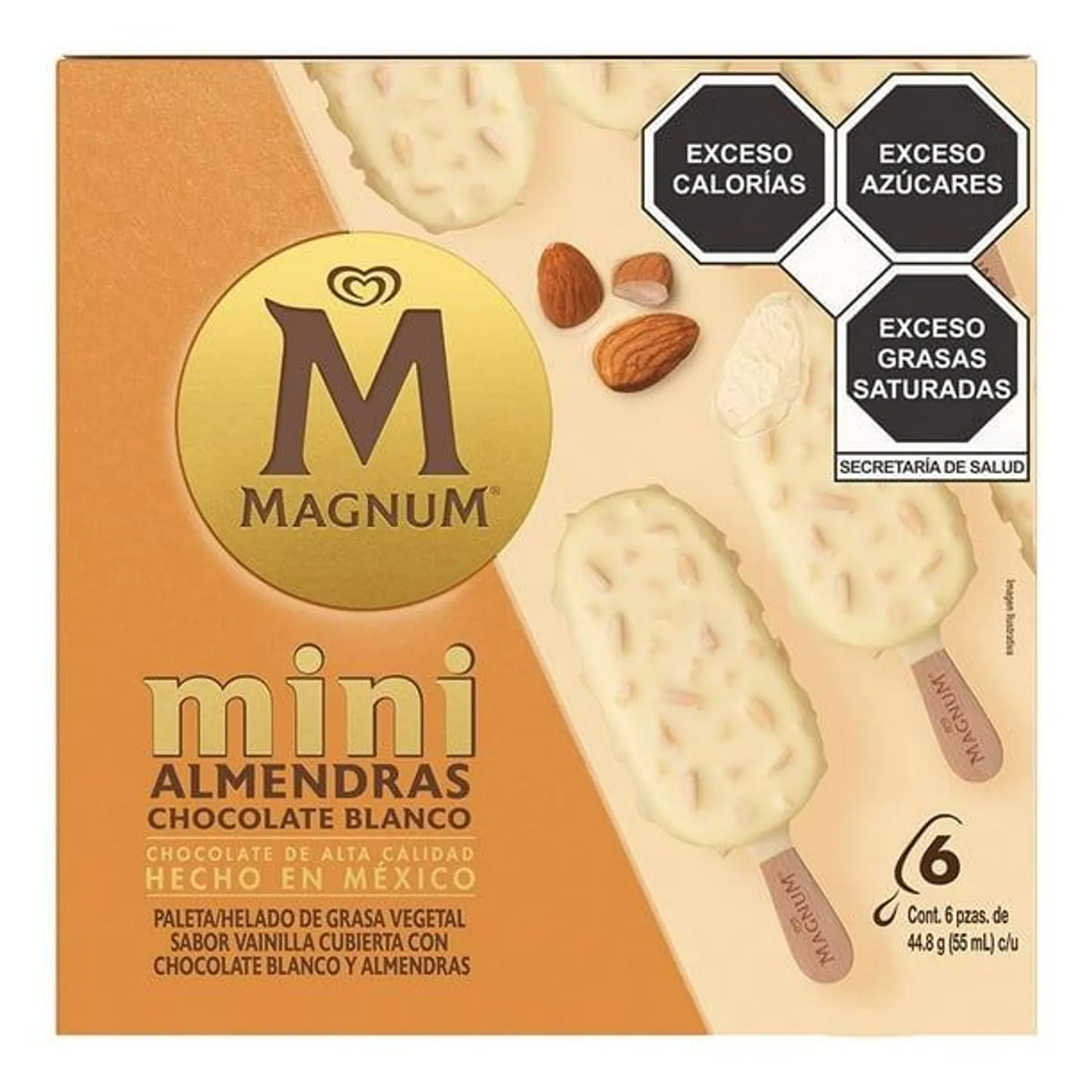 Mini paletas heladas Magnum sabor vainilla cubierta con chocolate blanco y almendras 6 pzas de 44.8 g c/u